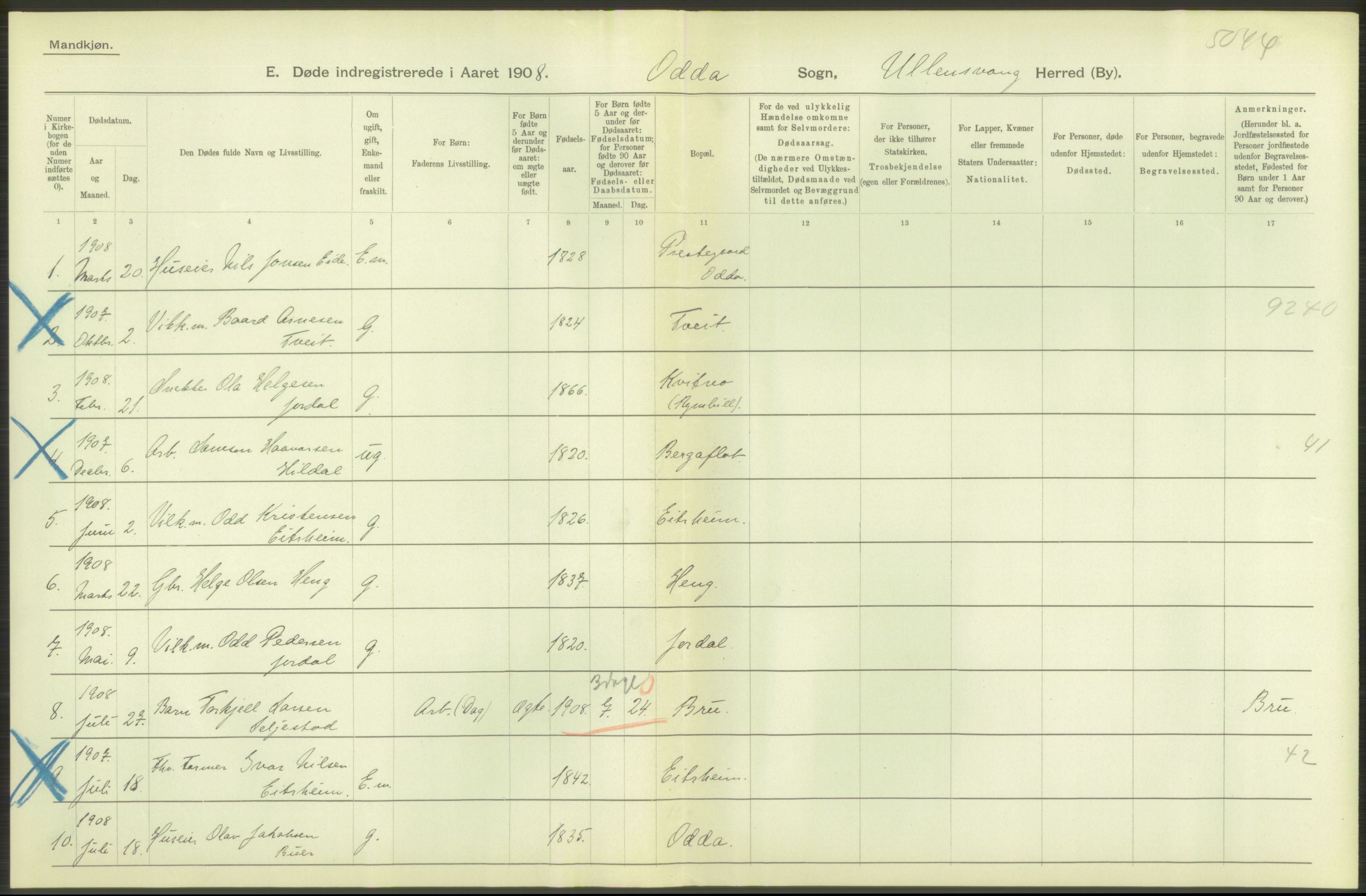 Statistisk sentralbyrå, Sosiodemografiske emner, Befolkning, AV/RA-S-2228/D/Df/Dfa/Dfaf/L0029: S. Bergenhus amt: Døde. Bygder., 1908, p. 32