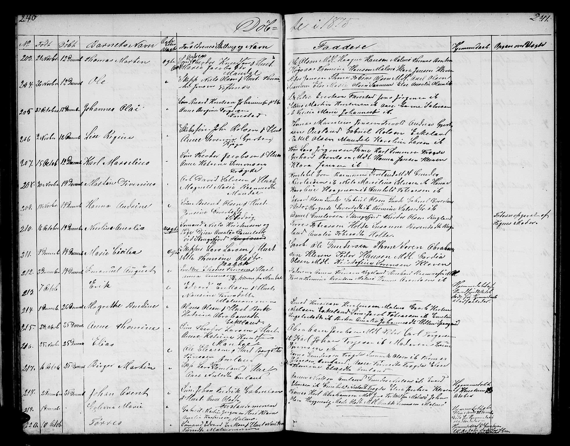 Mandal sokneprestkontor, AV/SAK-1111-0030/F/Fb/Fba/L0009: Parish register (copy) no. B 3, 1867-1877, p. 240-241