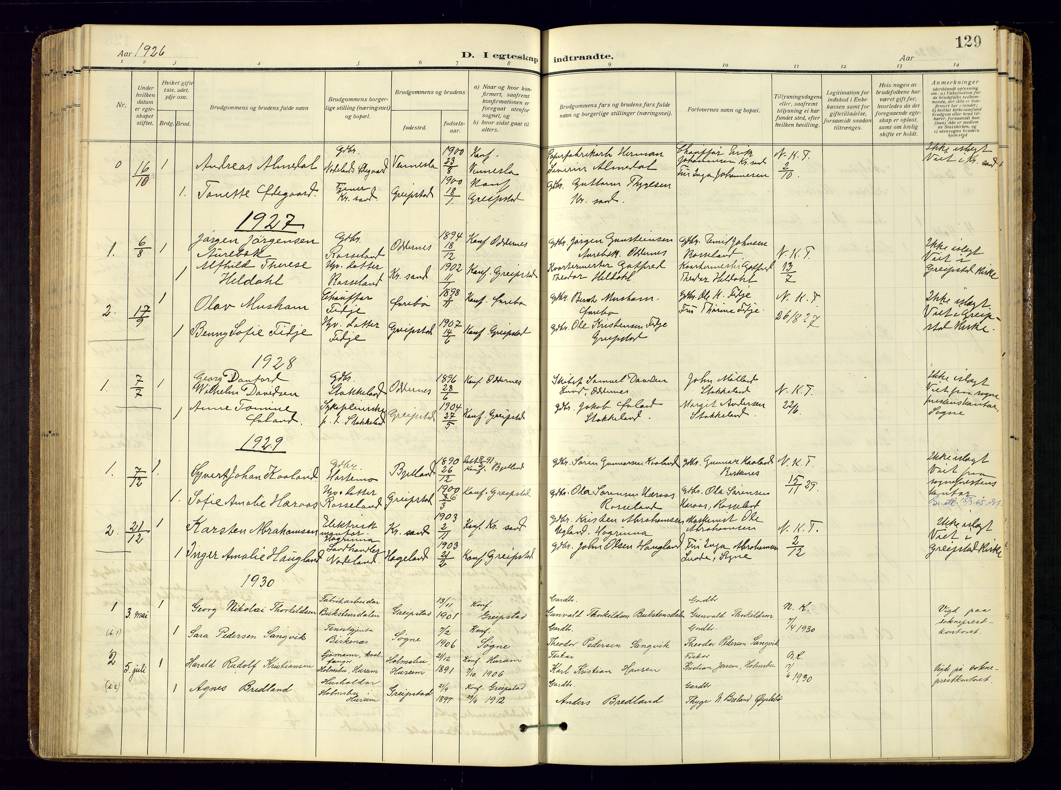 Søgne sokneprestkontor, AV/SAK-1111-0037/F/Fa/Faa/L0004: Parish register (official) no. A-4, 1911-1945, p. 129