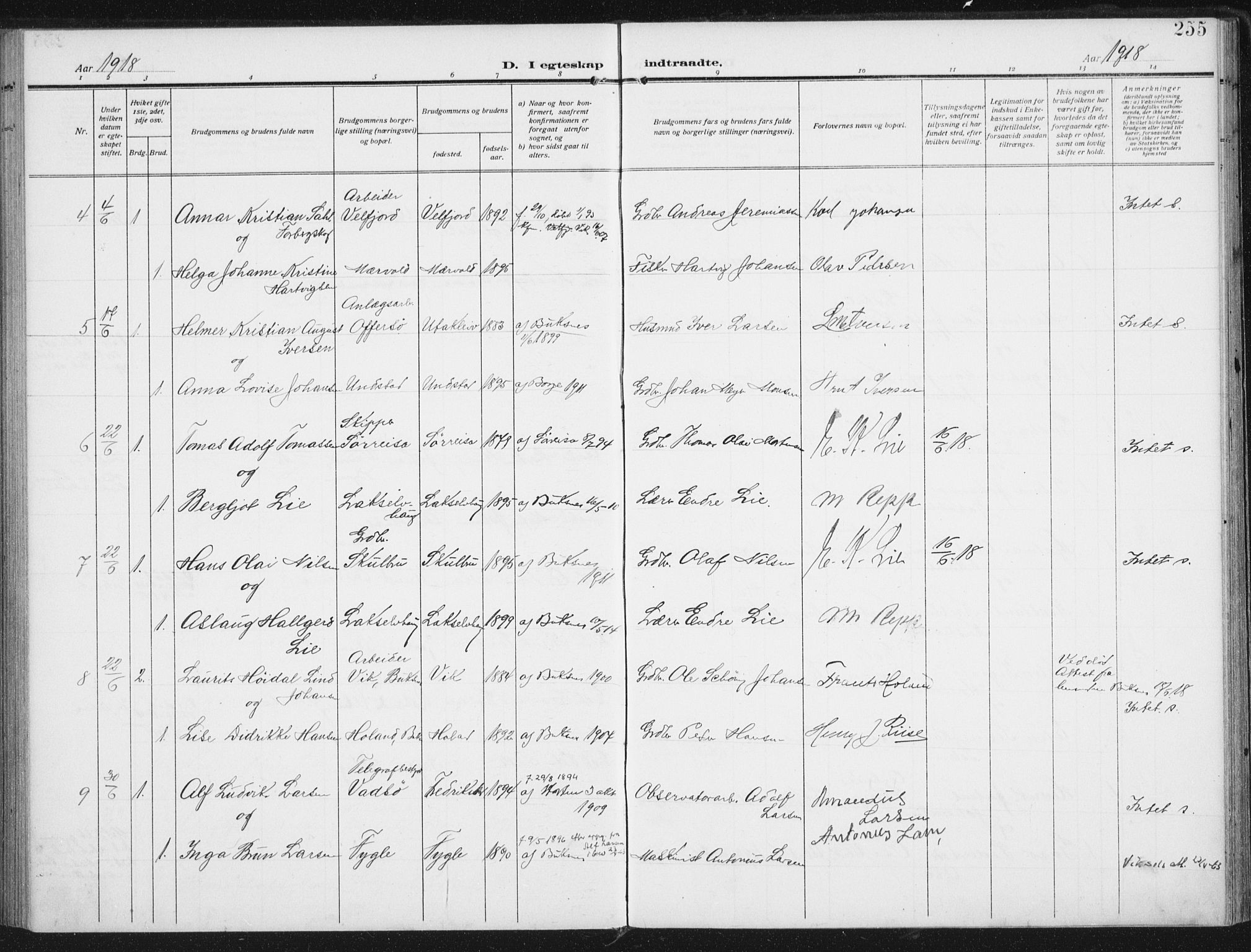 Ministerialprotokoller, klokkerbøker og fødselsregistre - Nordland, SAT/A-1459/880/L1135: Parish register (official) no. 880A09, 1908-1919, p. 255