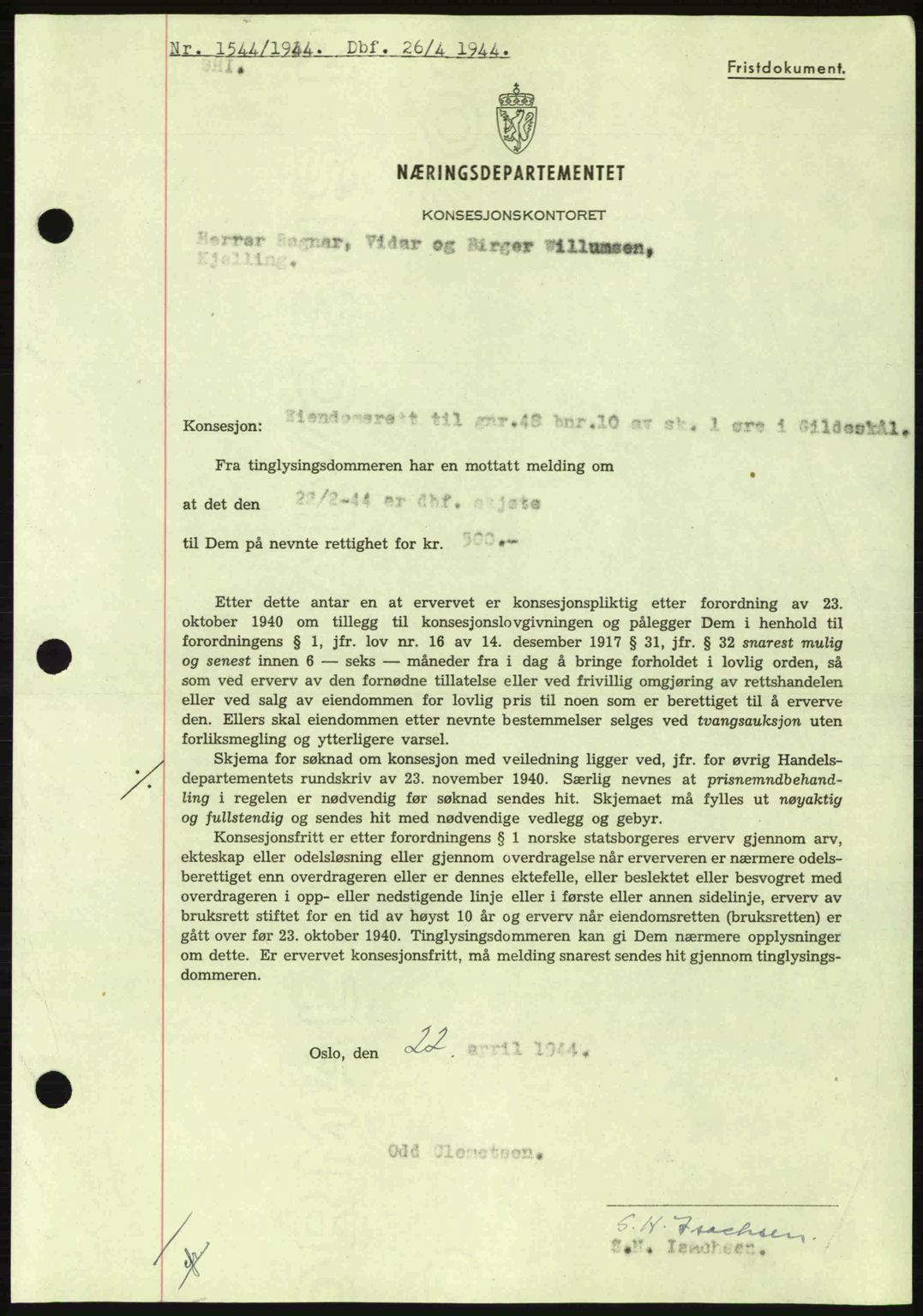 Salten sorenskriveri, SAT/A-4578/1/2/2C: Mortgage book no. A14-15, 1943-1945, Diary no: : 1544/1944