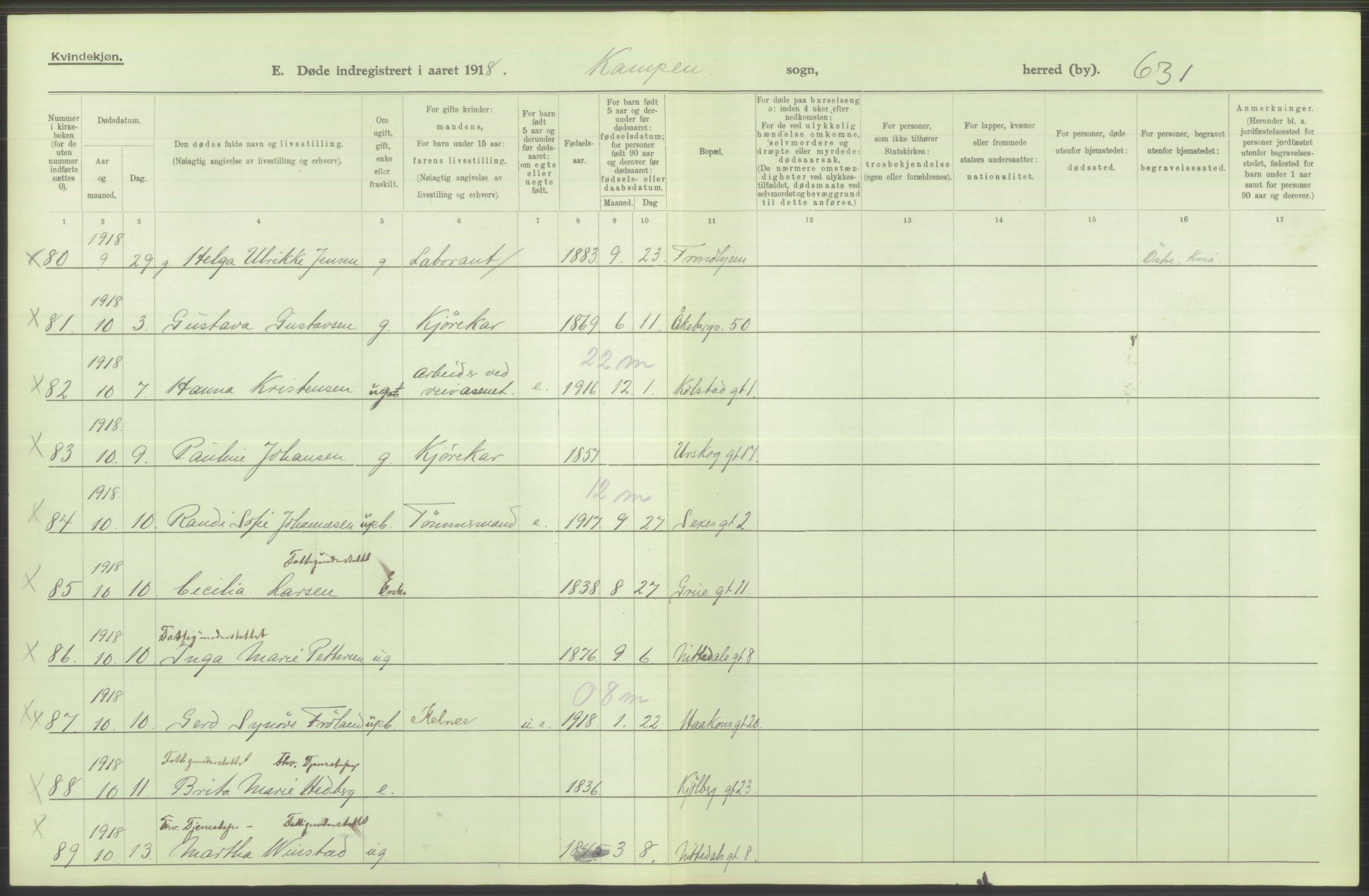 Statistisk sentralbyrå, Sosiodemografiske emner, Befolkning, AV/RA-S-2228/D/Df/Dfb/Dfbh/L0011: Kristiania: Døde, dødfødte, 1918, p. 554