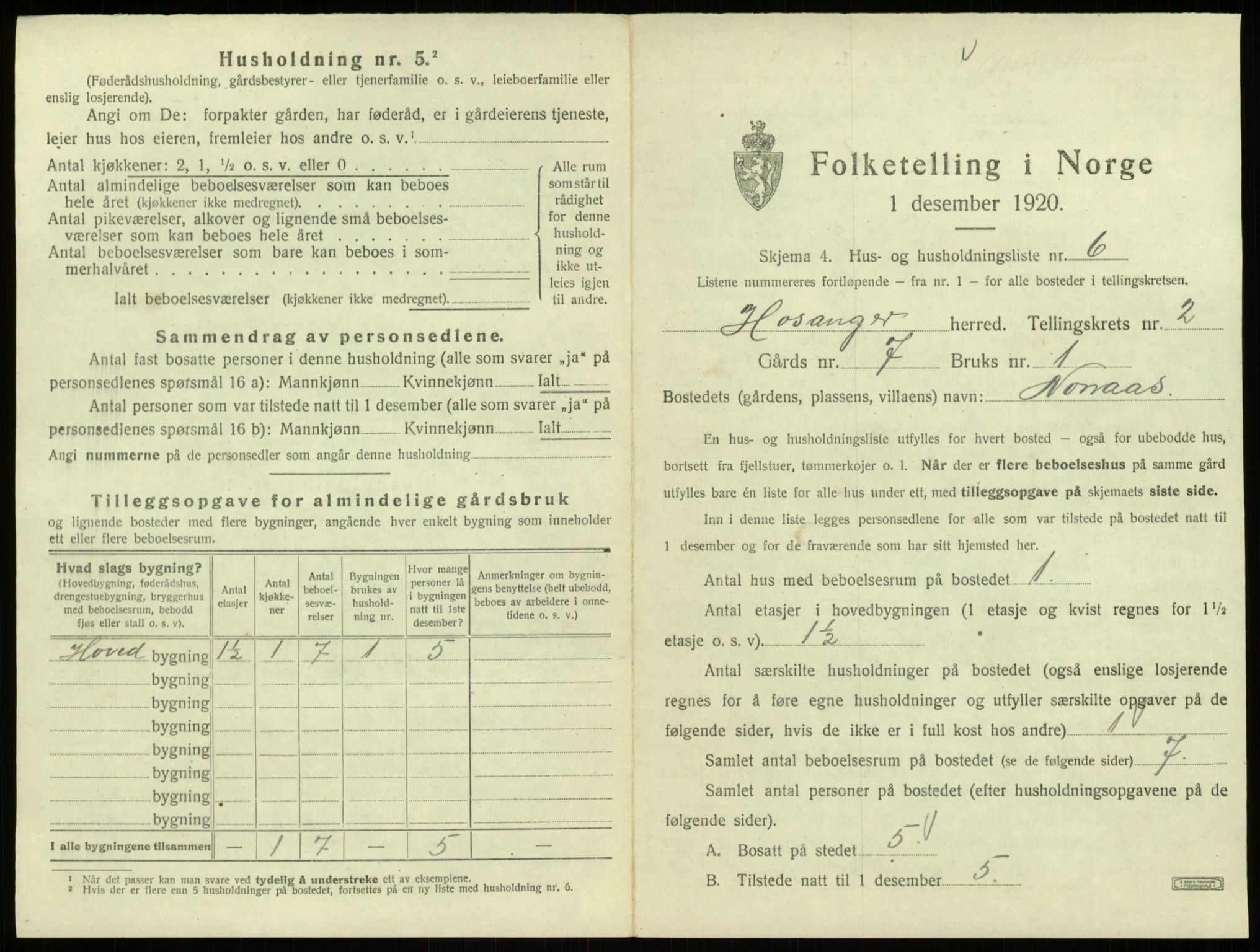 SAB, 1920 census for Hosanger, 1920, p. 108