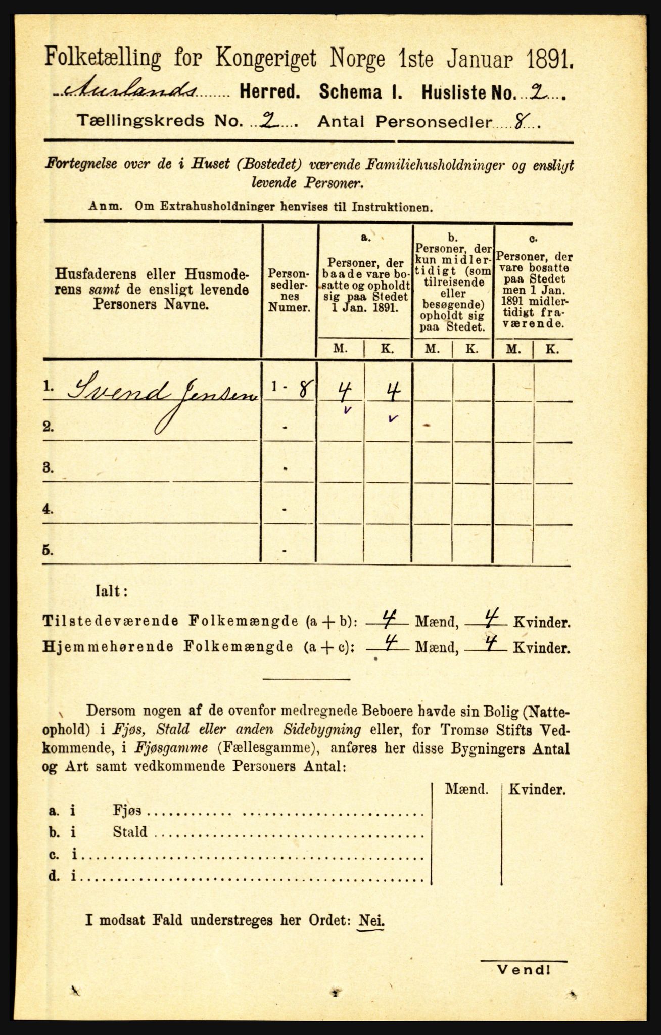 RA, 1891 census for 1421 Aurland, 1891, p. 415