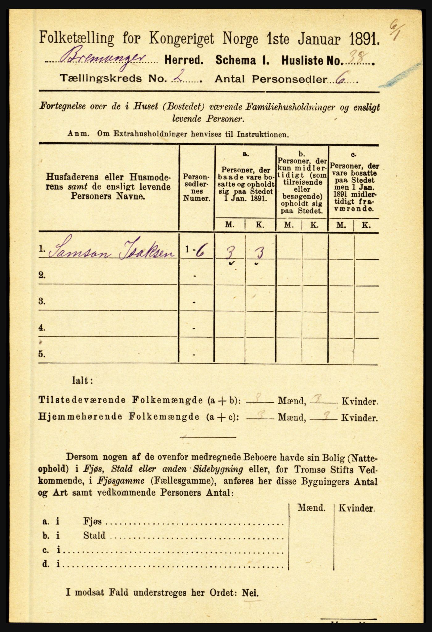 RA, 1891 census for 1438 Bremanger, 1891, p. 649