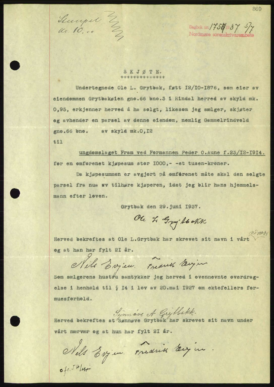 Nordmøre sorenskriveri, AV/SAT-A-4132/1/2/2Ca: Mortgage book no. A81, 1937-1937, Diary no: : 1754/1937