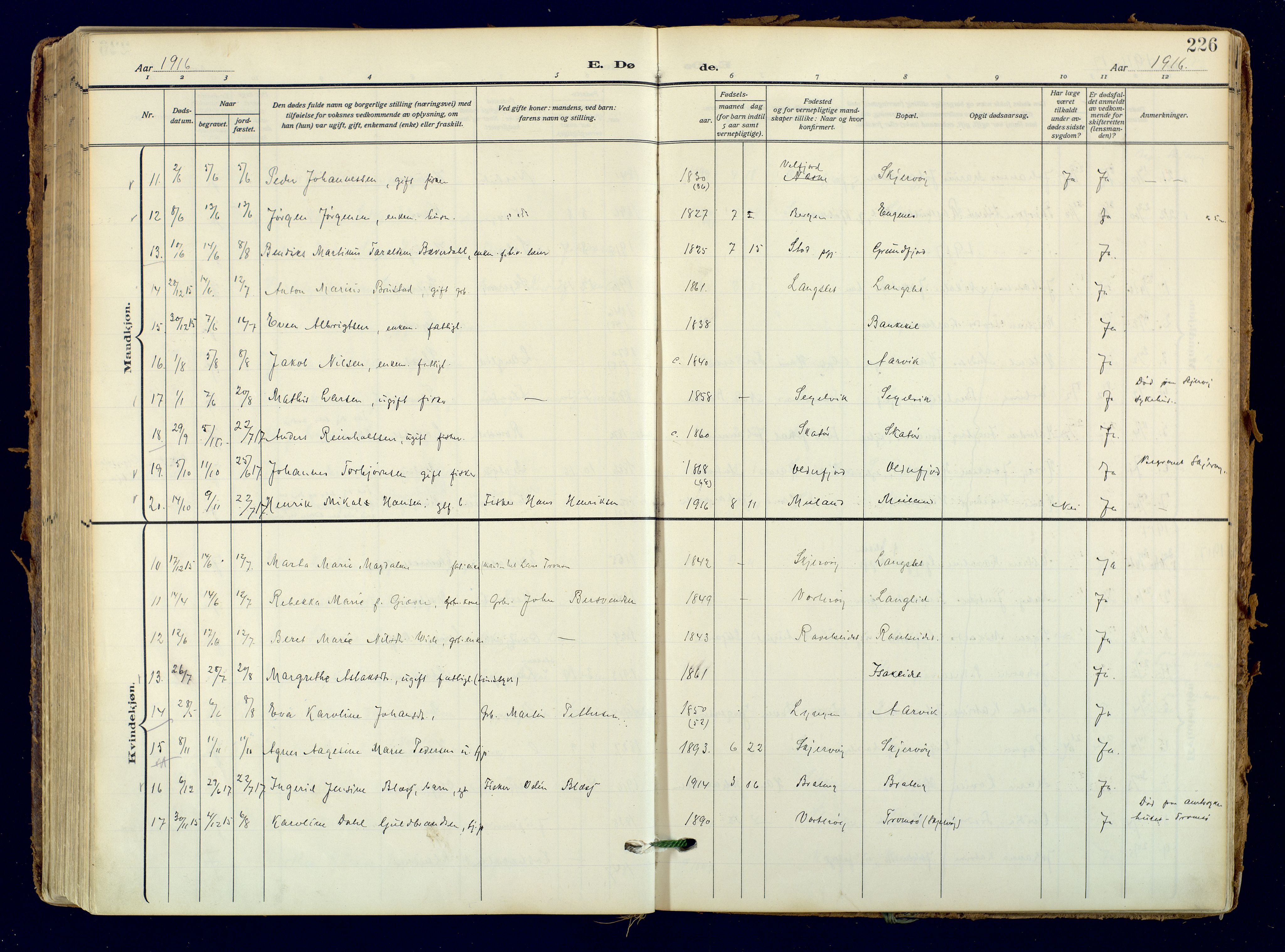 Skjervøy sokneprestkontor, AV/SATØ-S-1300/H/Ha/Haa: Parish register (official) no. 18, 1910-1926, p. 226