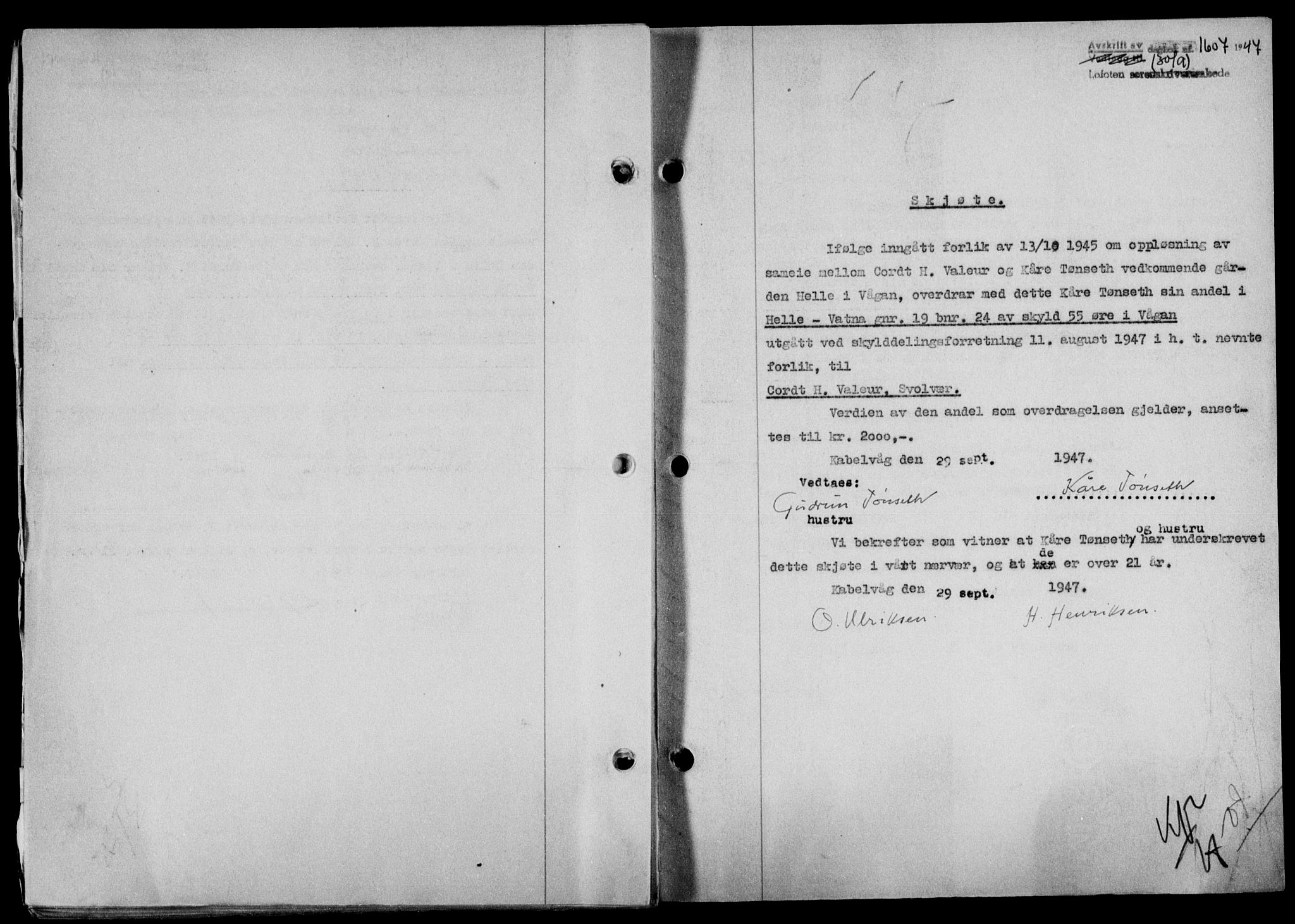 Lofoten sorenskriveri, SAT/A-0017/1/2/2C/L0016a: Mortgage book no. 16a, 1947-1947, Diary no: : 1607/1947