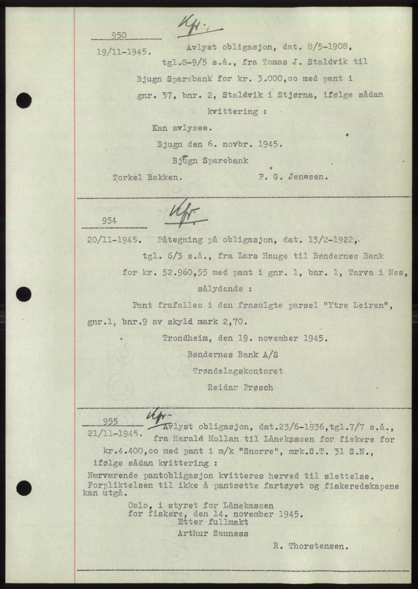 Fosen sorenskriveri, AV/SAT-A-1107/1/2/2C: Mortgage book no. B1, 1943-1946, Diary no: : 950/1945