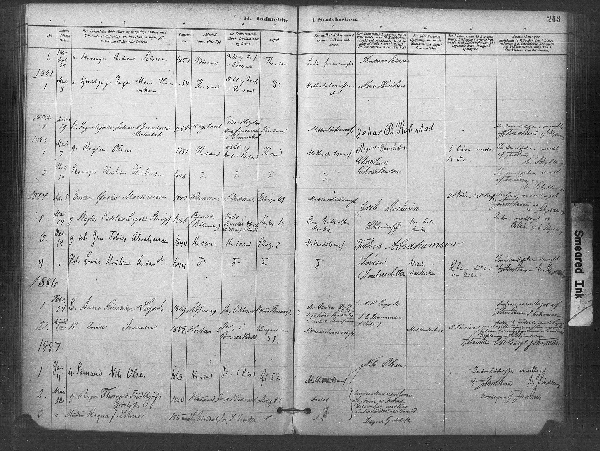 Kristiansand domprosti, AV/SAK-1112-0006/F/Fa/L0018: Parish register (official) no. A 17, 1880-1892, p. 243