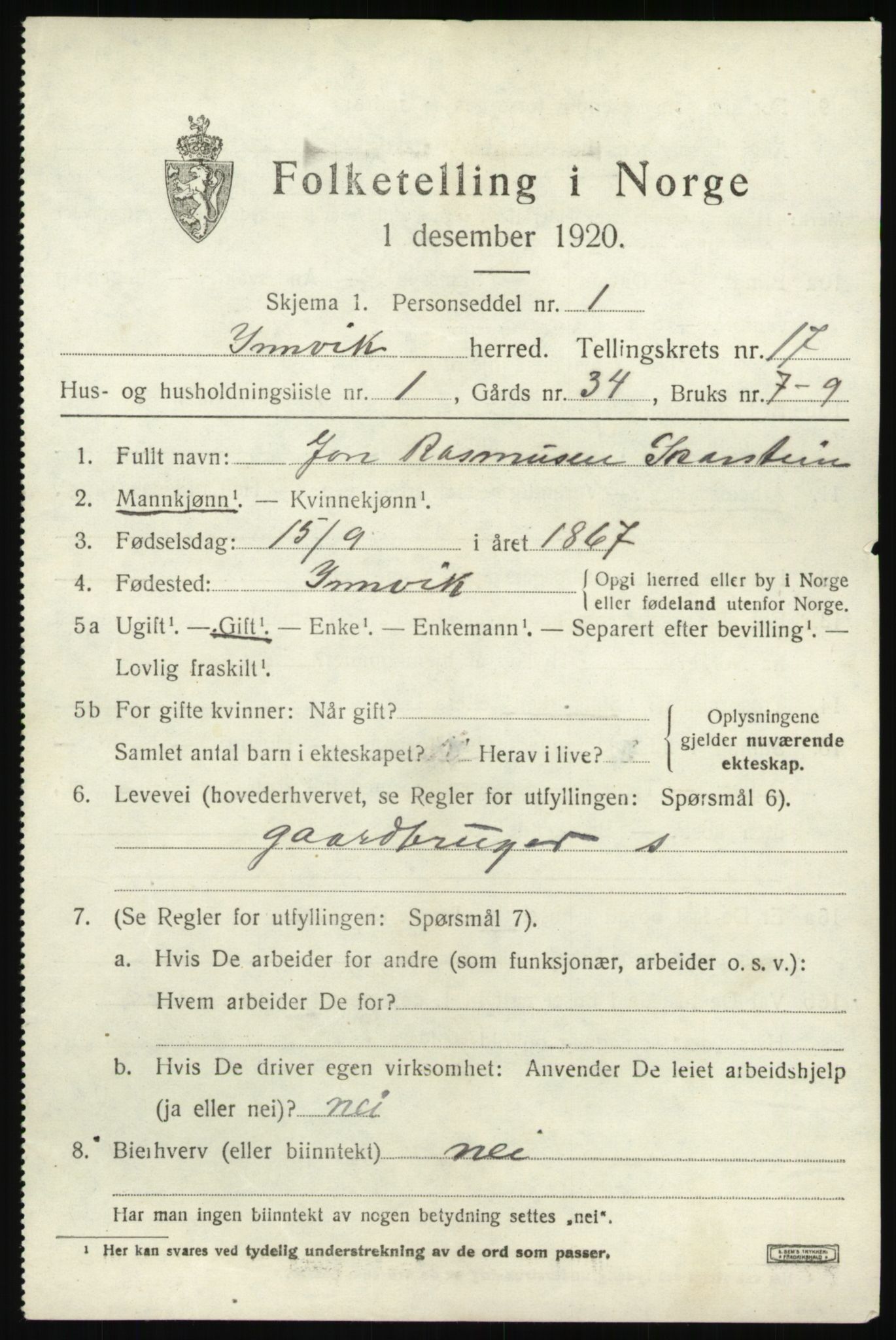 SAB, 1920 census for Innvik, 1920, p. 6765