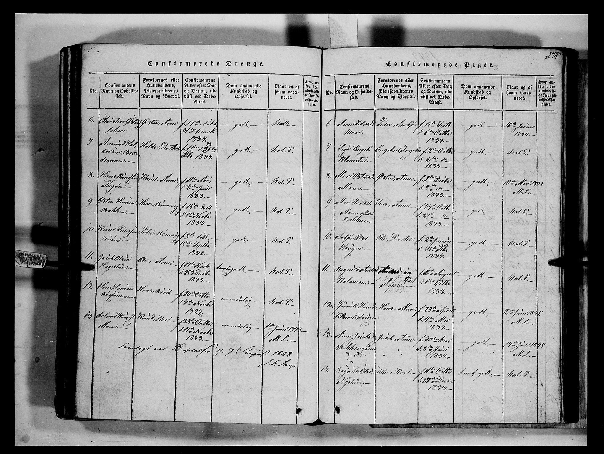 Fron prestekontor, SAH/PREST-078/H/Ha/Hab/L0002: Parish register (copy) no. 2, 1816-1850, p. 274