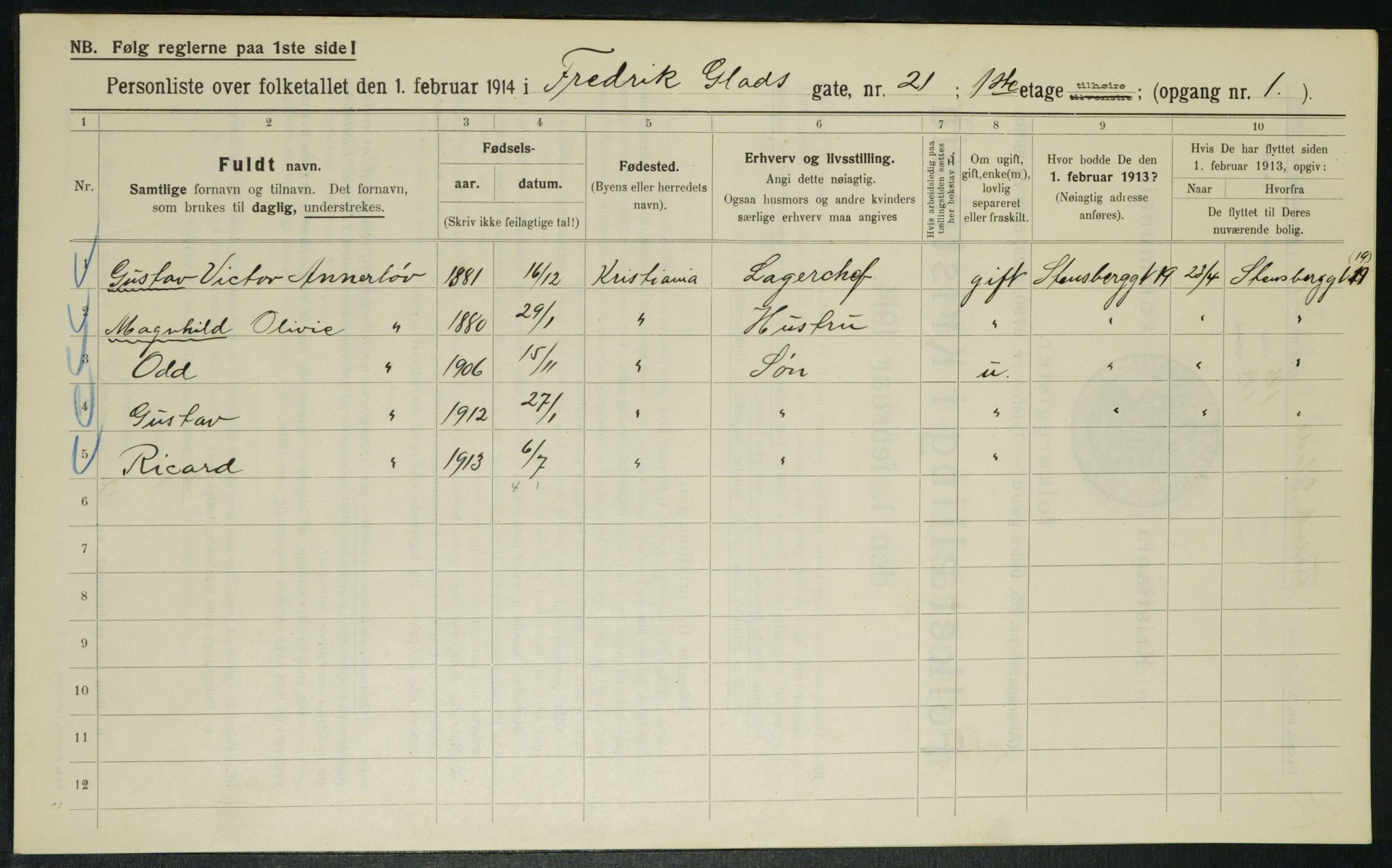 OBA, Municipal Census 1914 for Kristiania, 1914, p. 26785