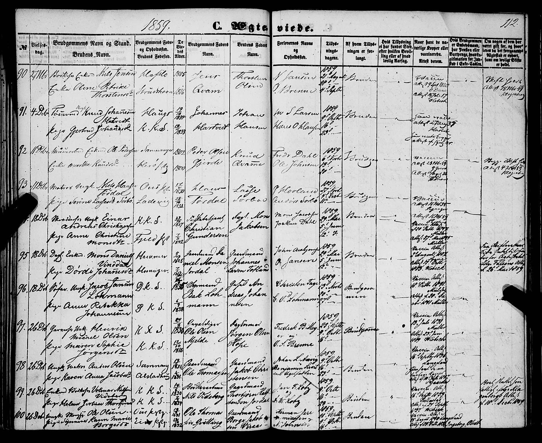 Korskirken sokneprestembete, AV/SAB-A-76101/H/Haa/L0035: Parish register (official) no. D 2, 1852-1867, p. 112