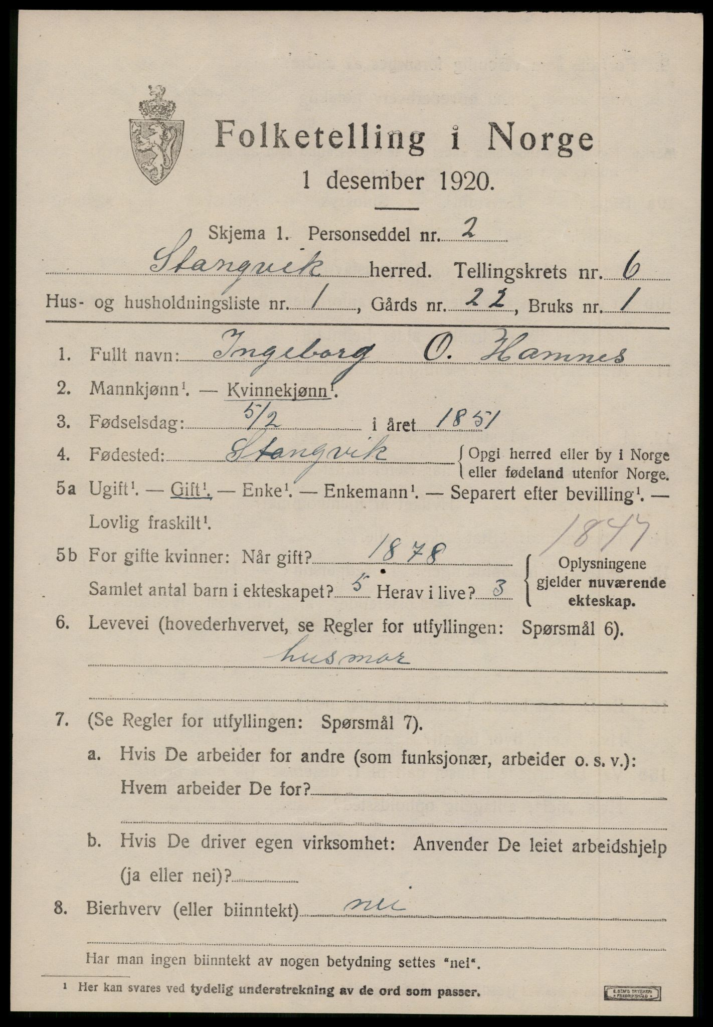 SAT, 1920 census for Stangvik, 1920, p. 3826