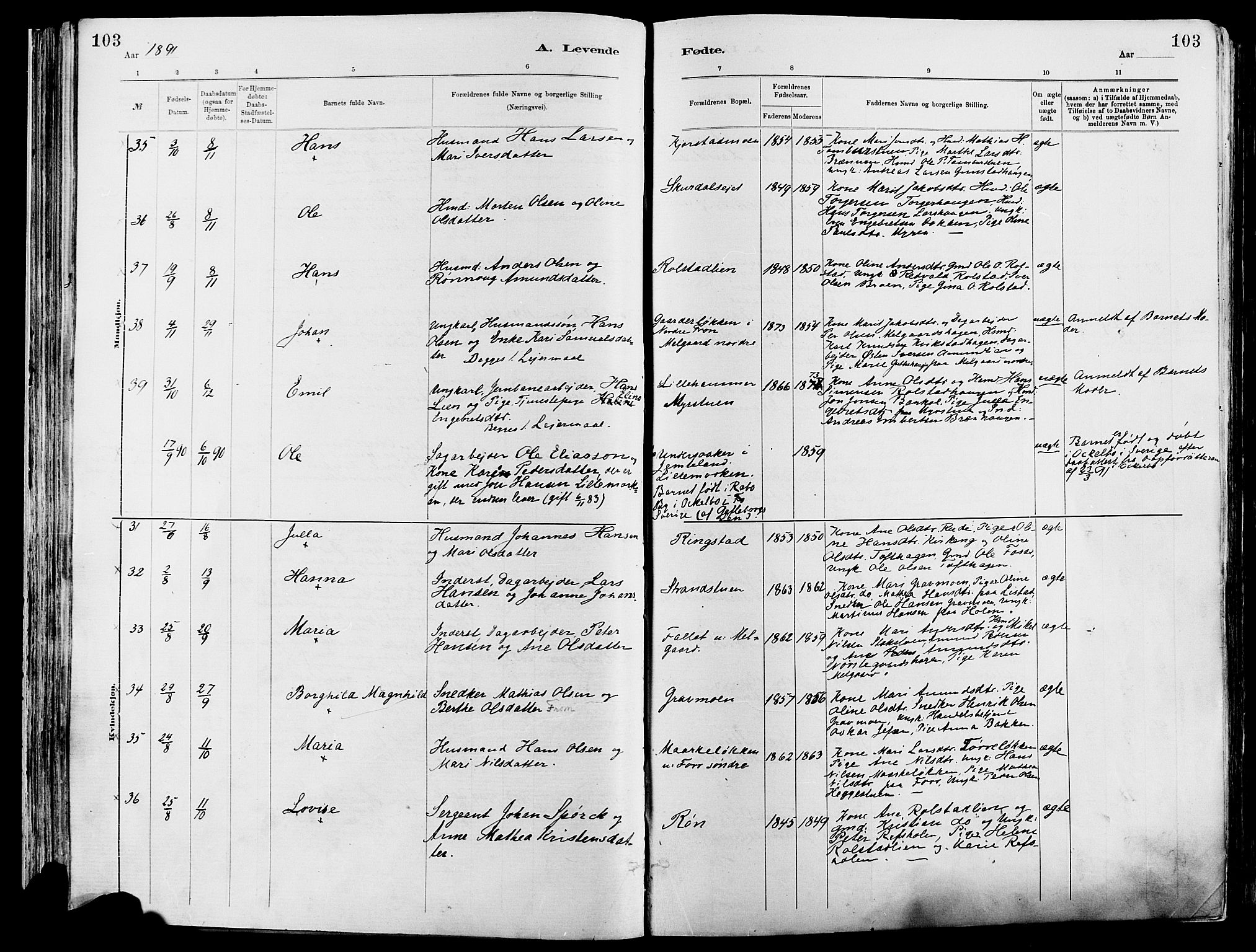 Sør-Fron prestekontor, AV/SAH-PREST-010/H/Ha/Haa/L0003: Parish register (official) no. 3, 1881-1897, p. 103