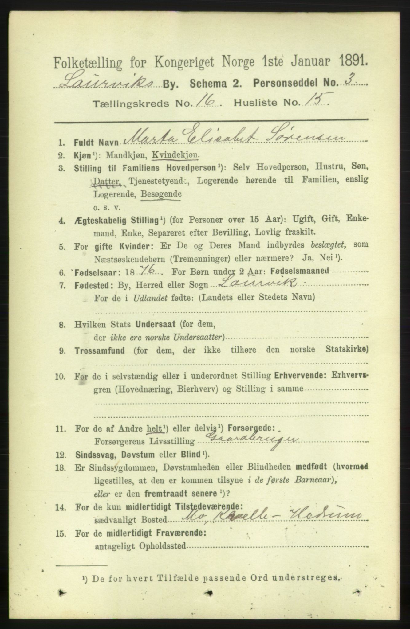 RA, 1891 census for 0707 Larvik, 1891, p. 11758