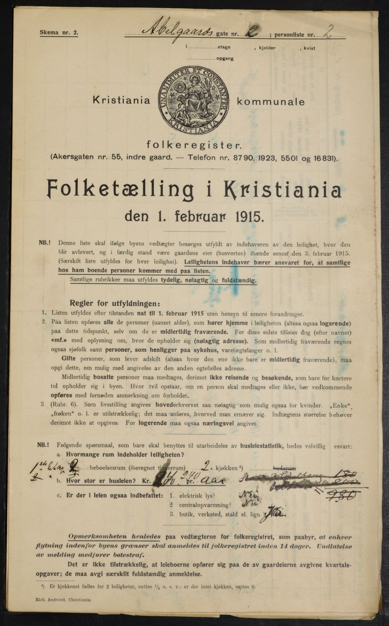 OBA, Municipal Census 1915 for Kristiania, 1915, p. 7