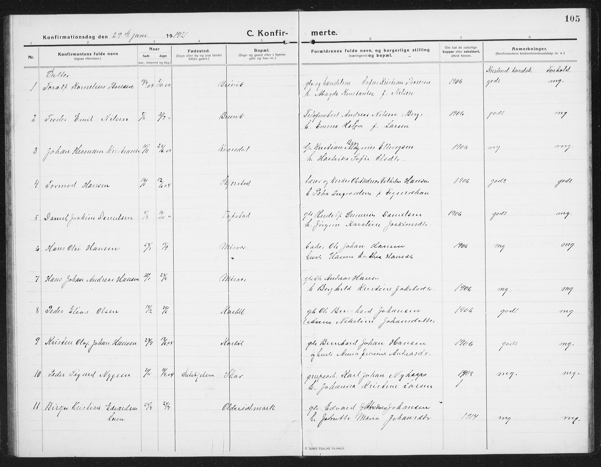 Ministerialprotokoller, klokkerbøker og fødselsregistre - Nordland, AV/SAT-A-1459/852/L0757: Parish register (copy) no. 852C08, 1916-1934, p. 105