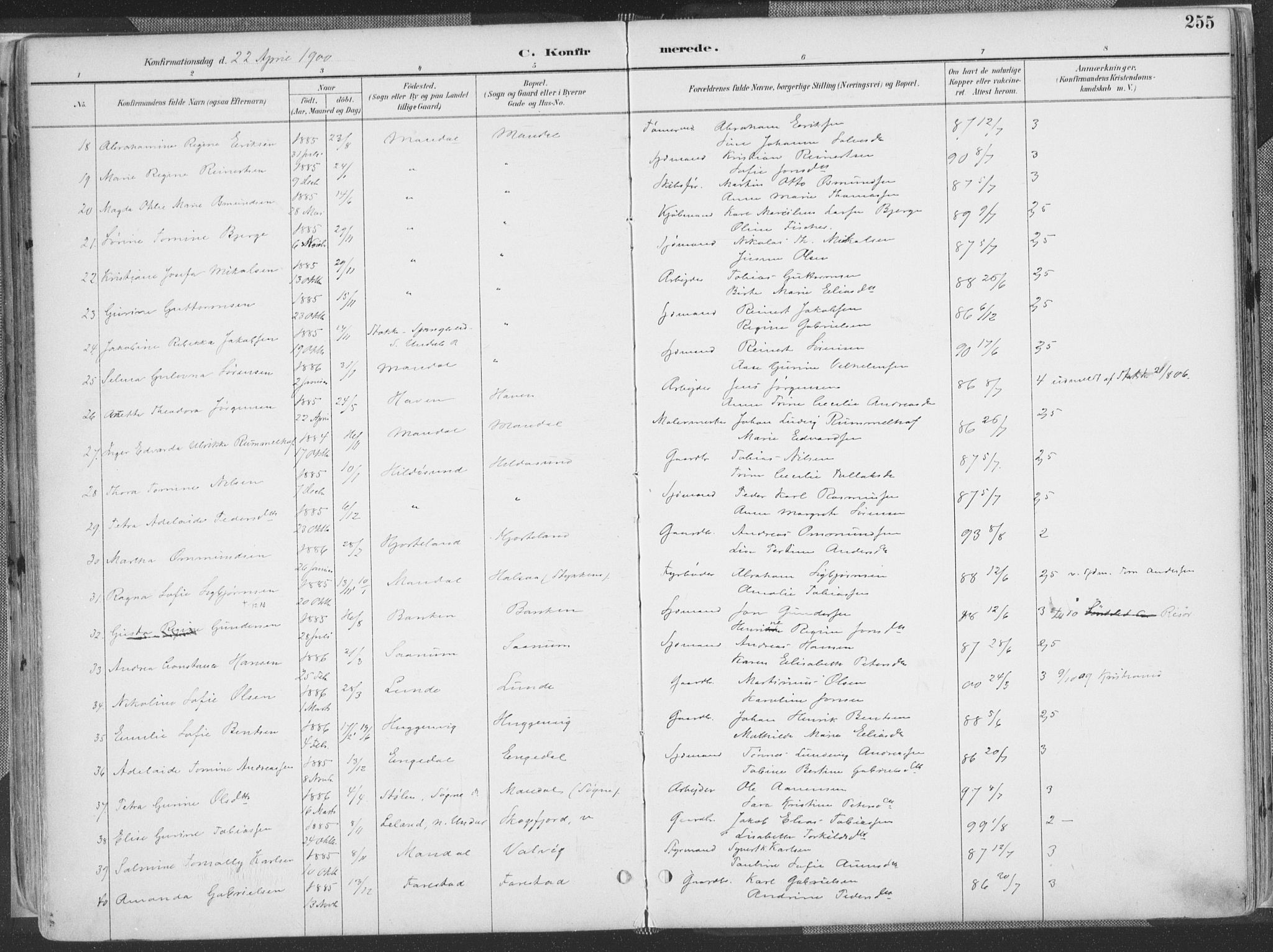 Mandal sokneprestkontor, AV/SAK-1111-0030/F/Fa/Faa/L0018: Parish register (official) no. A 18, 1890-1905, p. 255