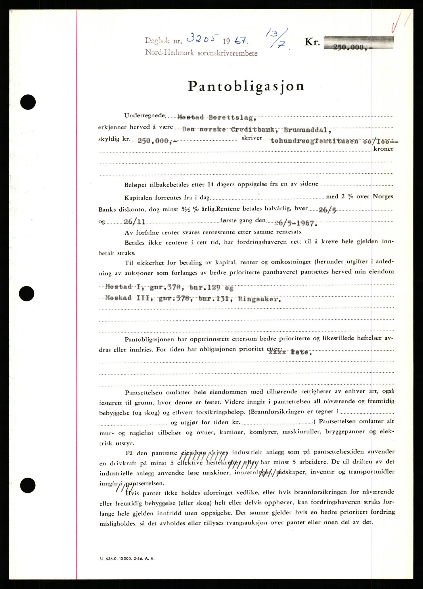 Nord-Hedmark sorenskriveri, SAH/TING-012/H/Hb/Hbf/L0071: Mortgage book no. B71, 1967-1967, Diary no: : 3205/1967