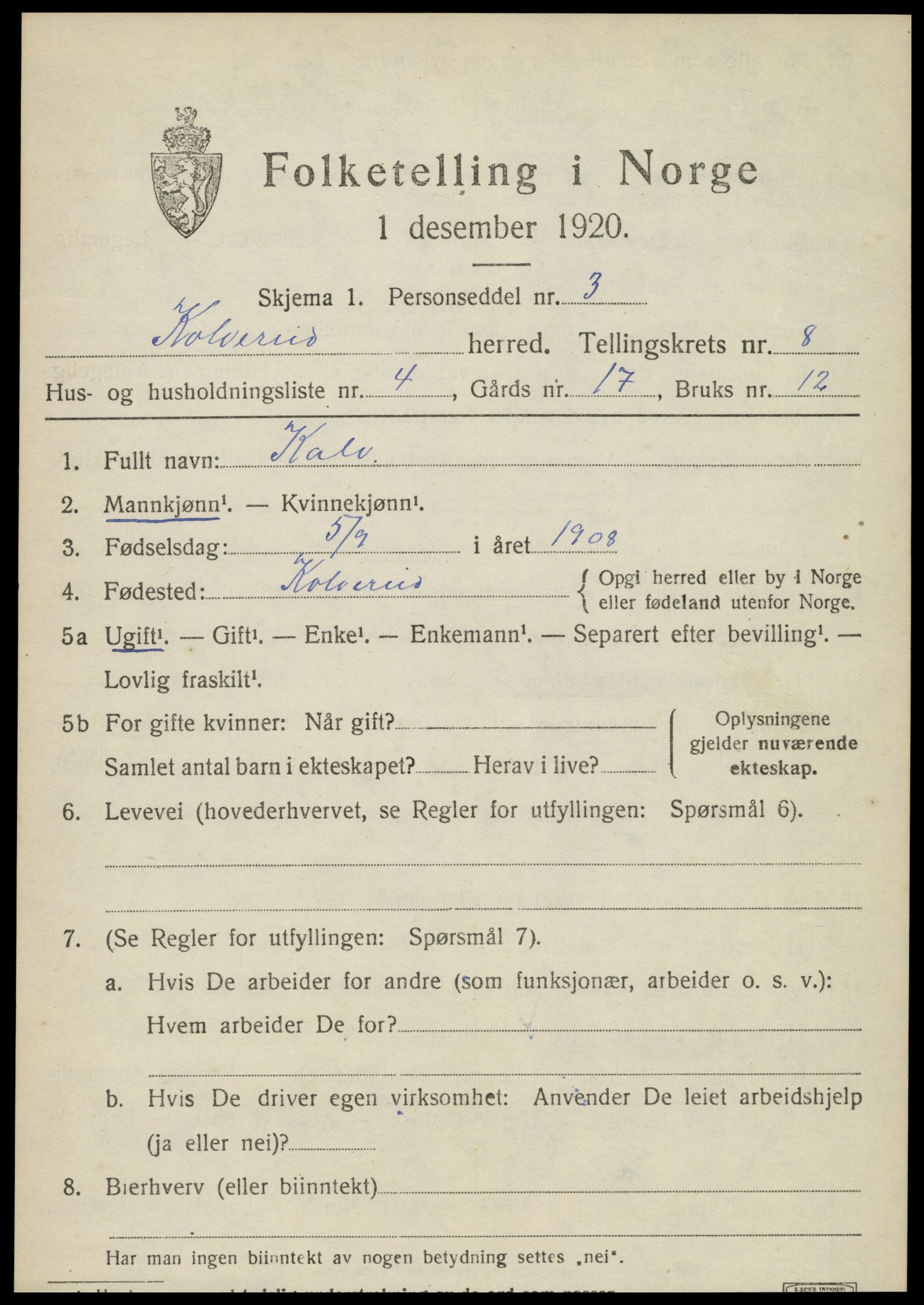 SAT, 1920 census for Kolvereid, 1920, p. 5121