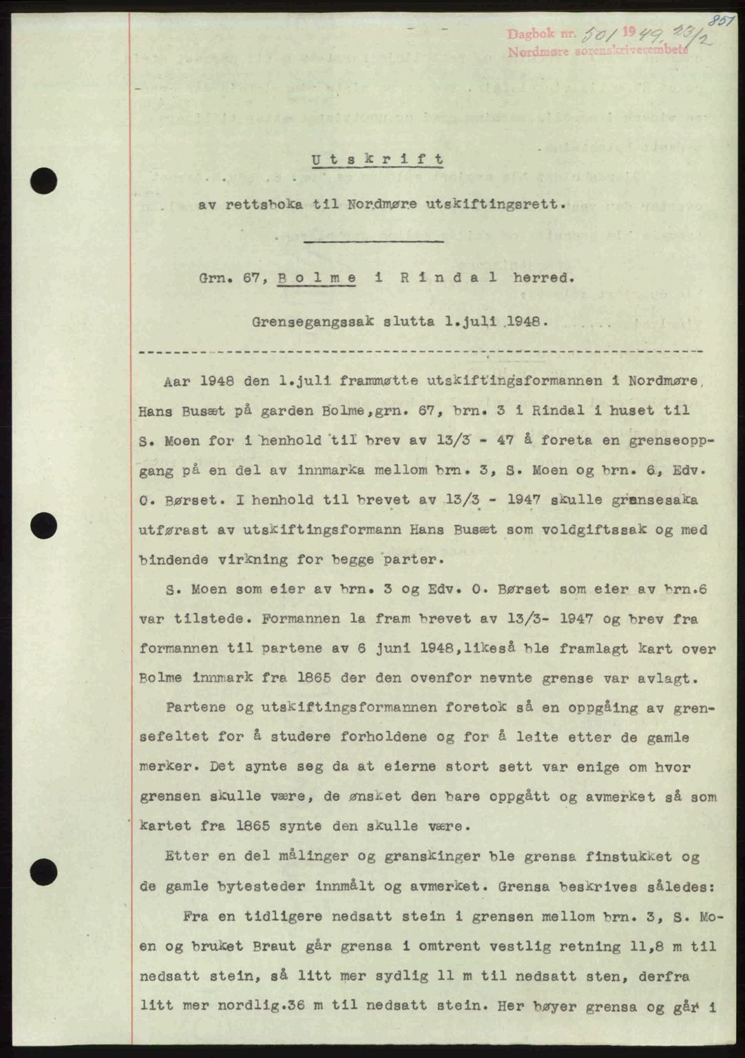 Nordmøre sorenskriveri, AV/SAT-A-4132/1/2/2Ca: Mortgage book no. A110, 1948-1949, Diary no: : 501/1949