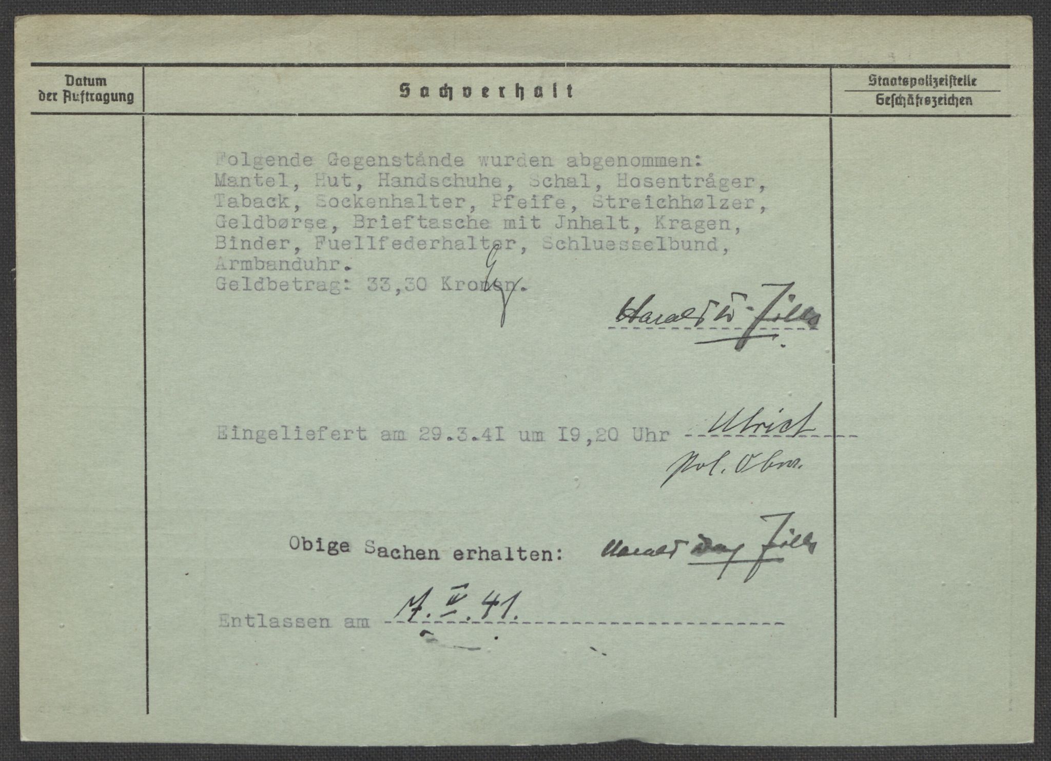 Befehlshaber der Sicherheitspolizei und des SD, RA/RAFA-5969/E/Ea/Eaa/L0005: Register over norske fanger i Møllergata 19: Hø-Kj, 1940-1945, p. 1078