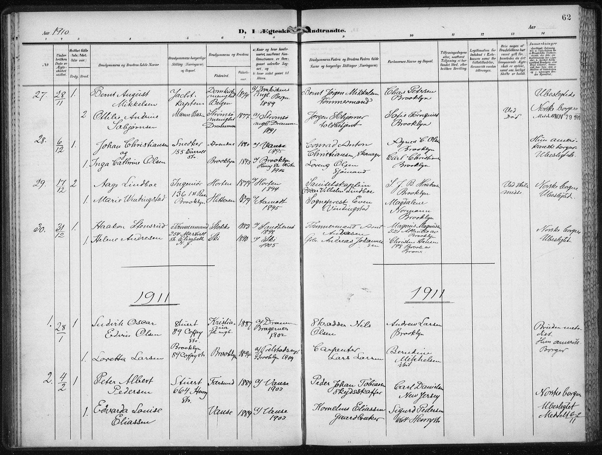 Den norske sjømannsmisjon i utlandet/New York, SAB/SAB/PA-0110/H/Ha/L0006: Parish register (official) no. A 6, 1909-1914, p. 62