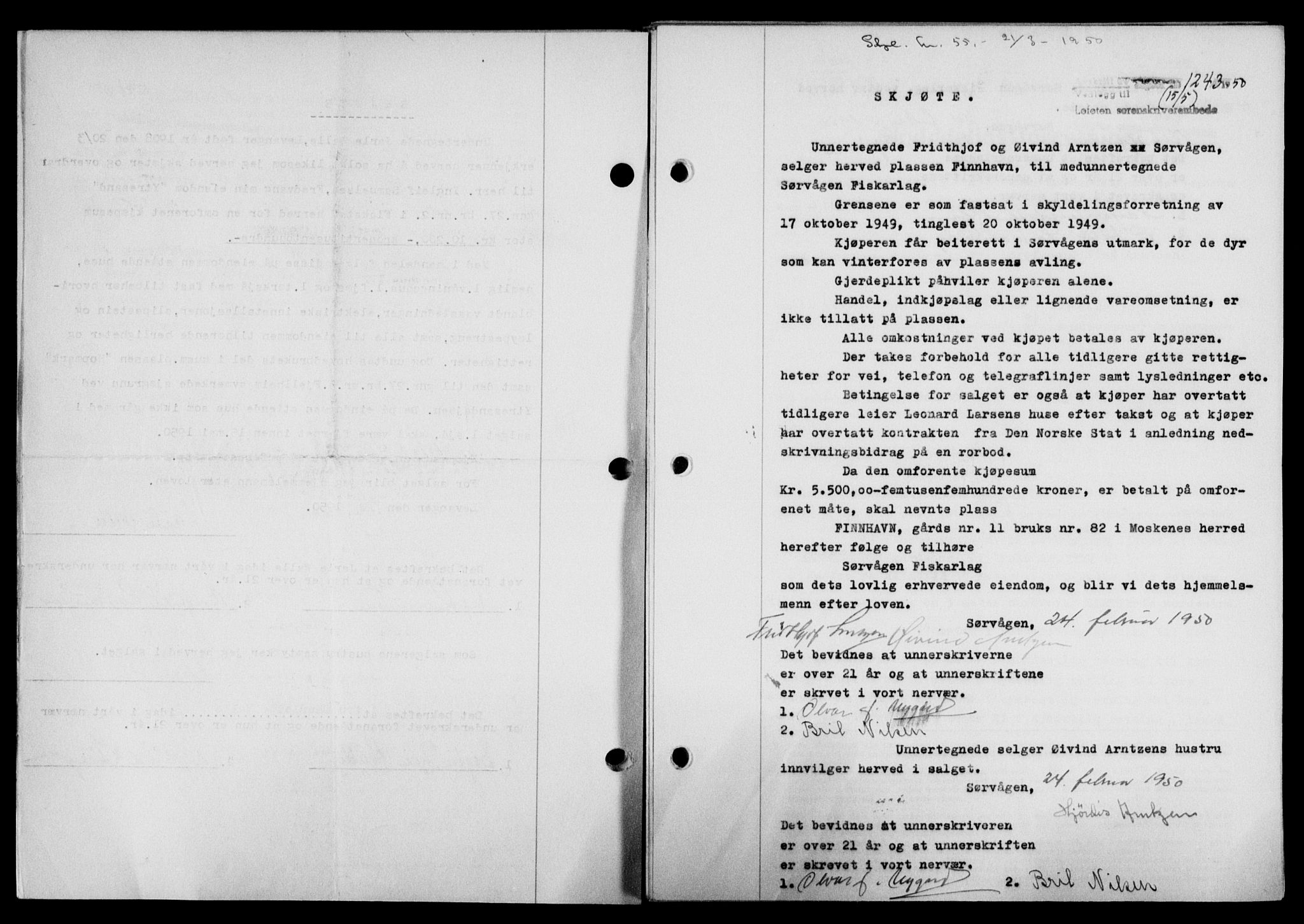 Lofoten sorenskriveri, SAT/A-0017/1/2/2C/L0023a: Mortgage book no. 23a, 1950-1950, Diary no: : 1243/1950