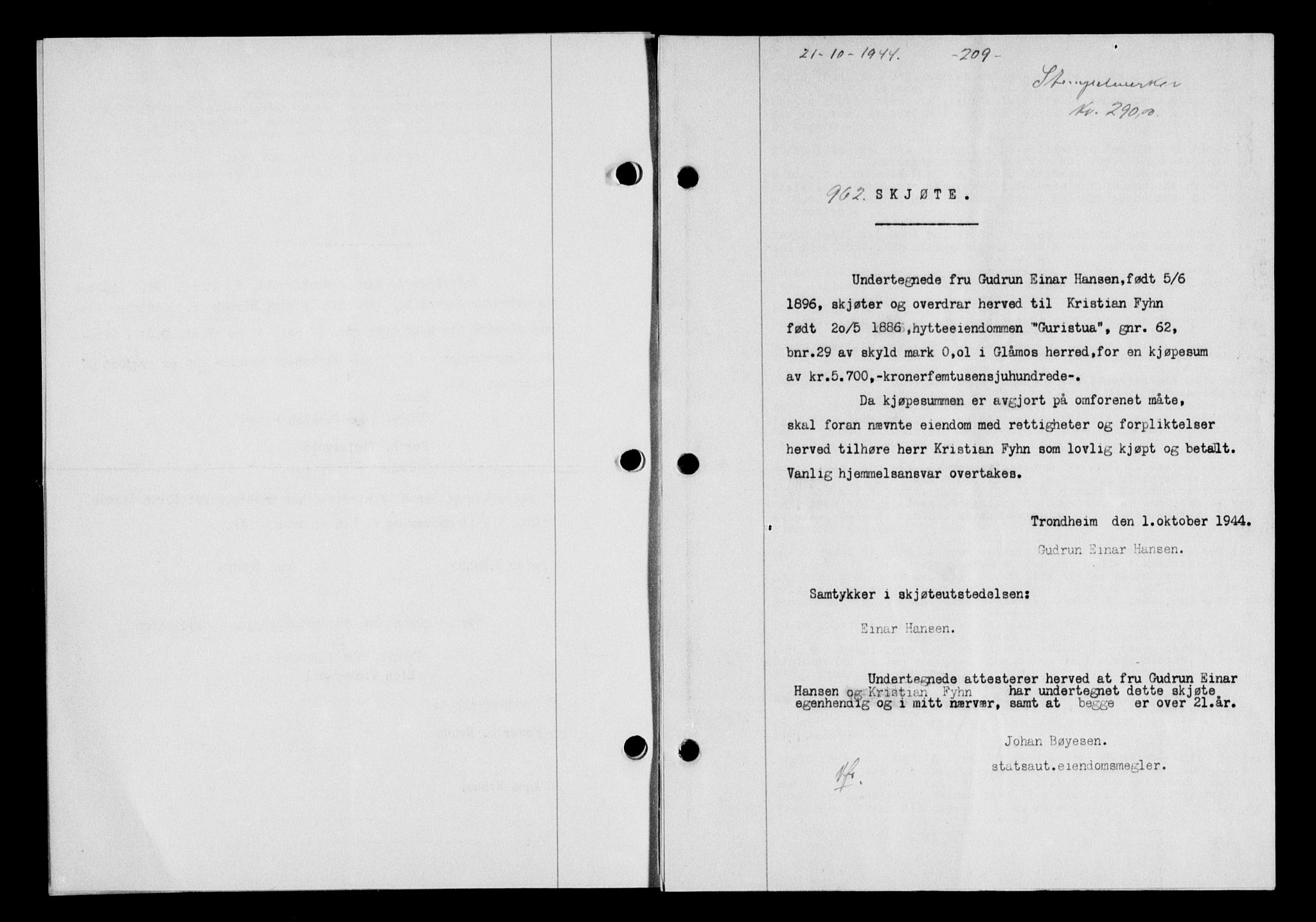 Gauldal sorenskriveri, SAT/A-0014/1/2/2C/L0058: Mortgage book no. 63, 1944-1945, Diary no: : 962/1944