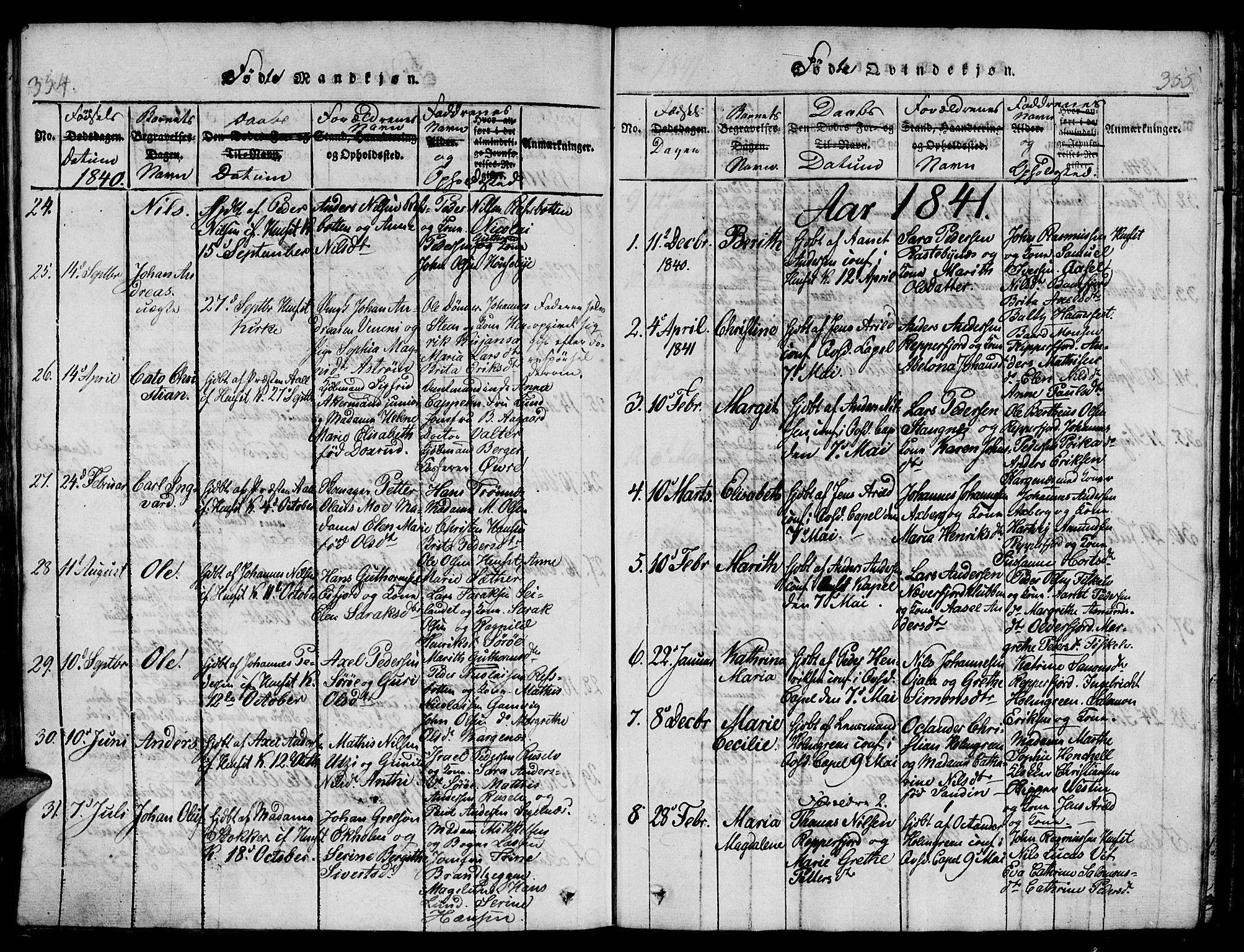 Hammerfest sokneprestkontor, SATØ/S-1347/H/Hb/L0001.klokk: Parish register (copy) no. 1, 1822-1850, p. 354-355