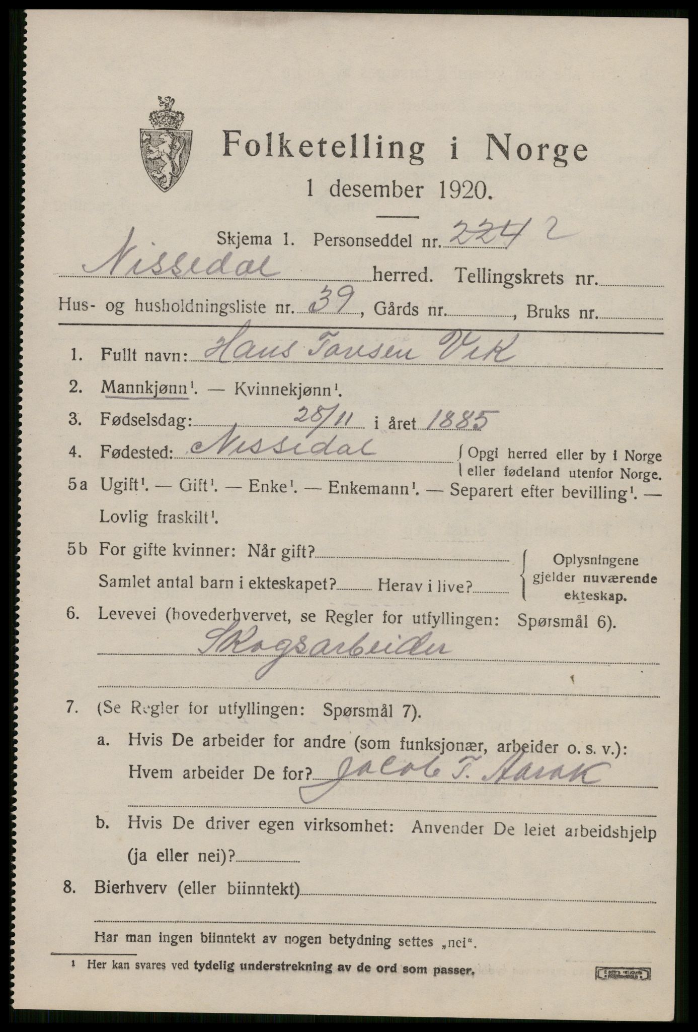 SAKO, 1920 census for Nissedal, 1920, p. 3487