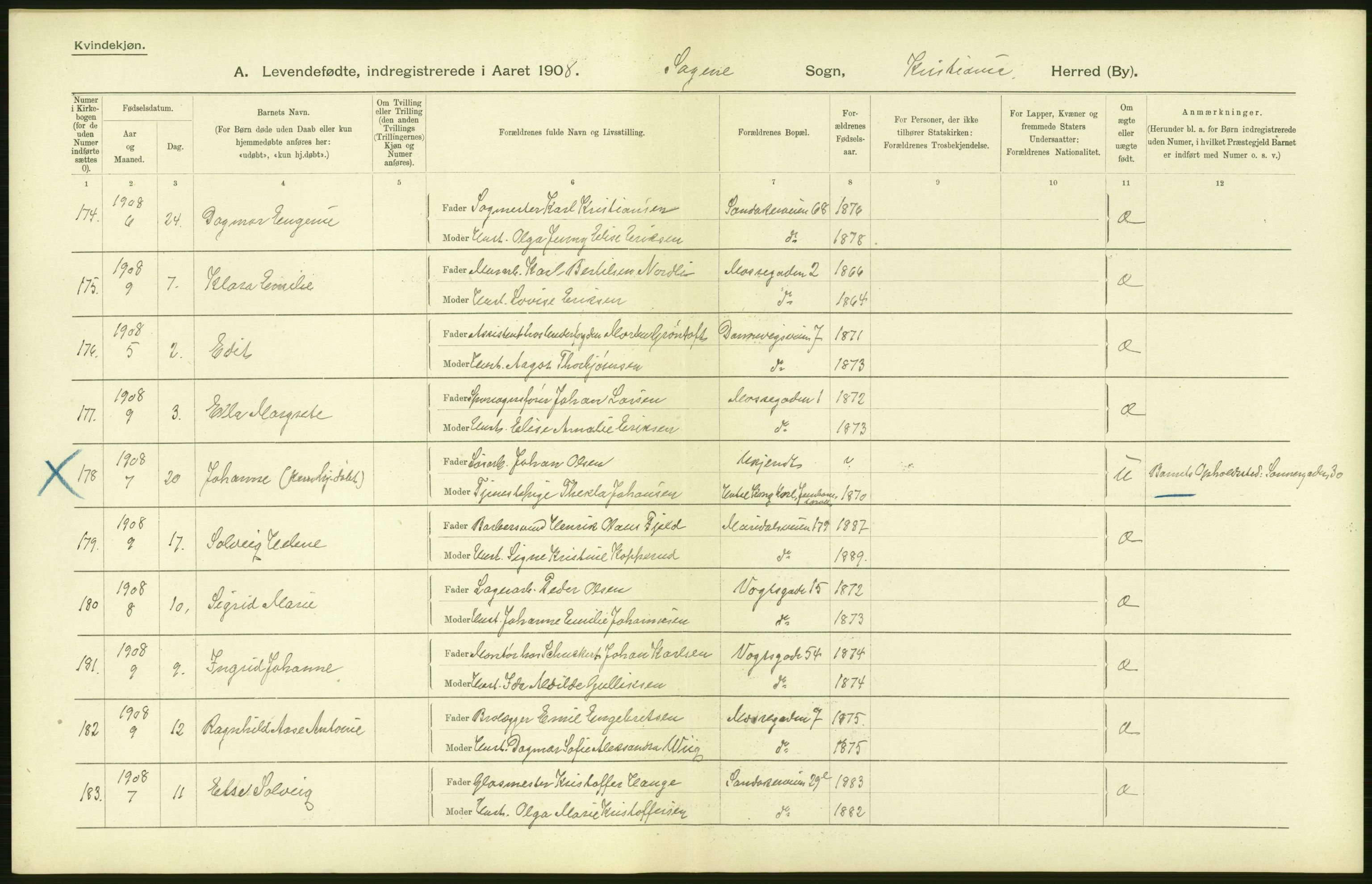 Statistisk sentralbyrå, Sosiodemografiske emner, Befolkning, AV/RA-S-2228/D/Df/Dfa/Dfaf/L0006: Kristiania: Levendefødte menn og kvinner., 1908, p. 148