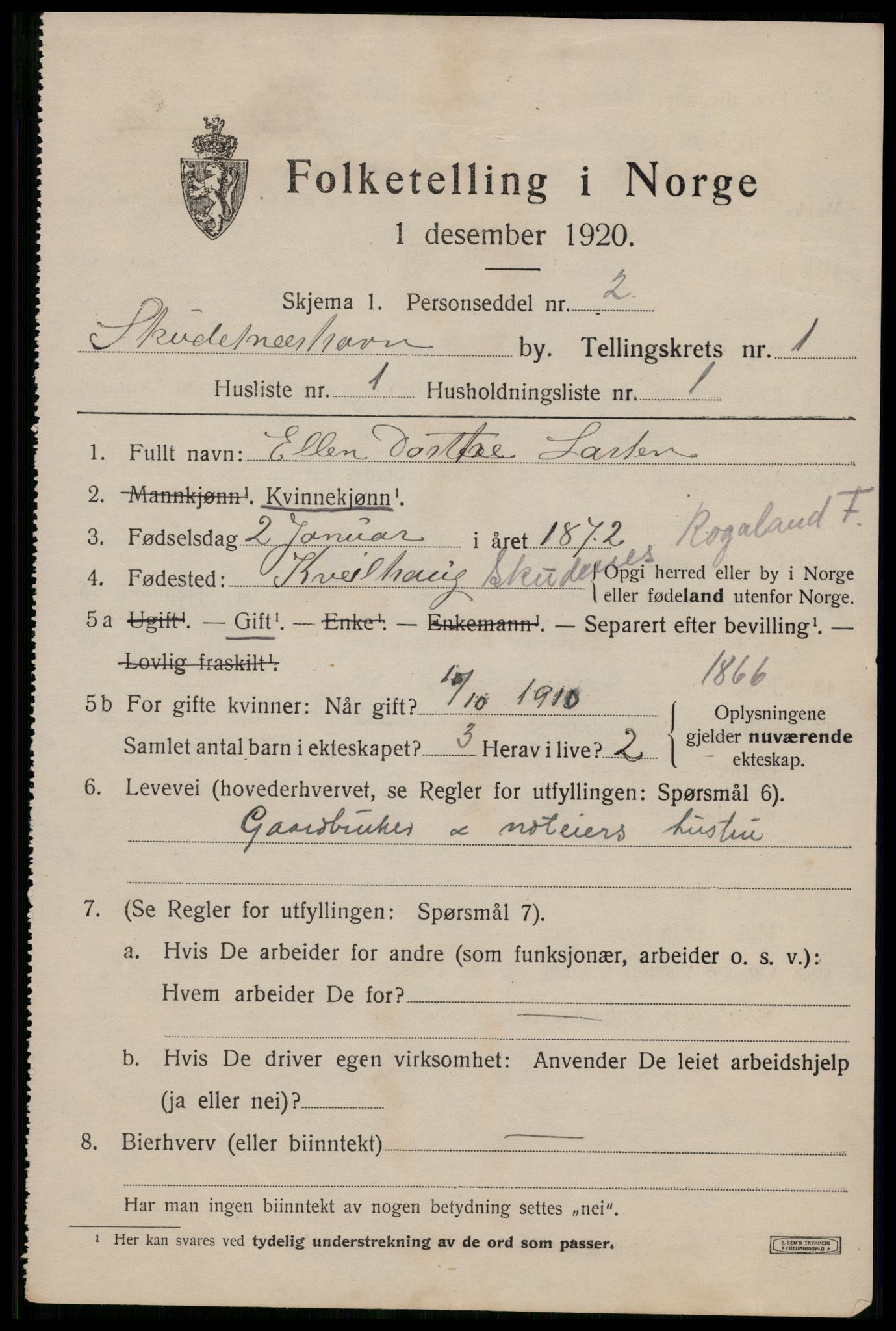 SAST, 1920 census for Skudeneshavn, 1920, p. 1124