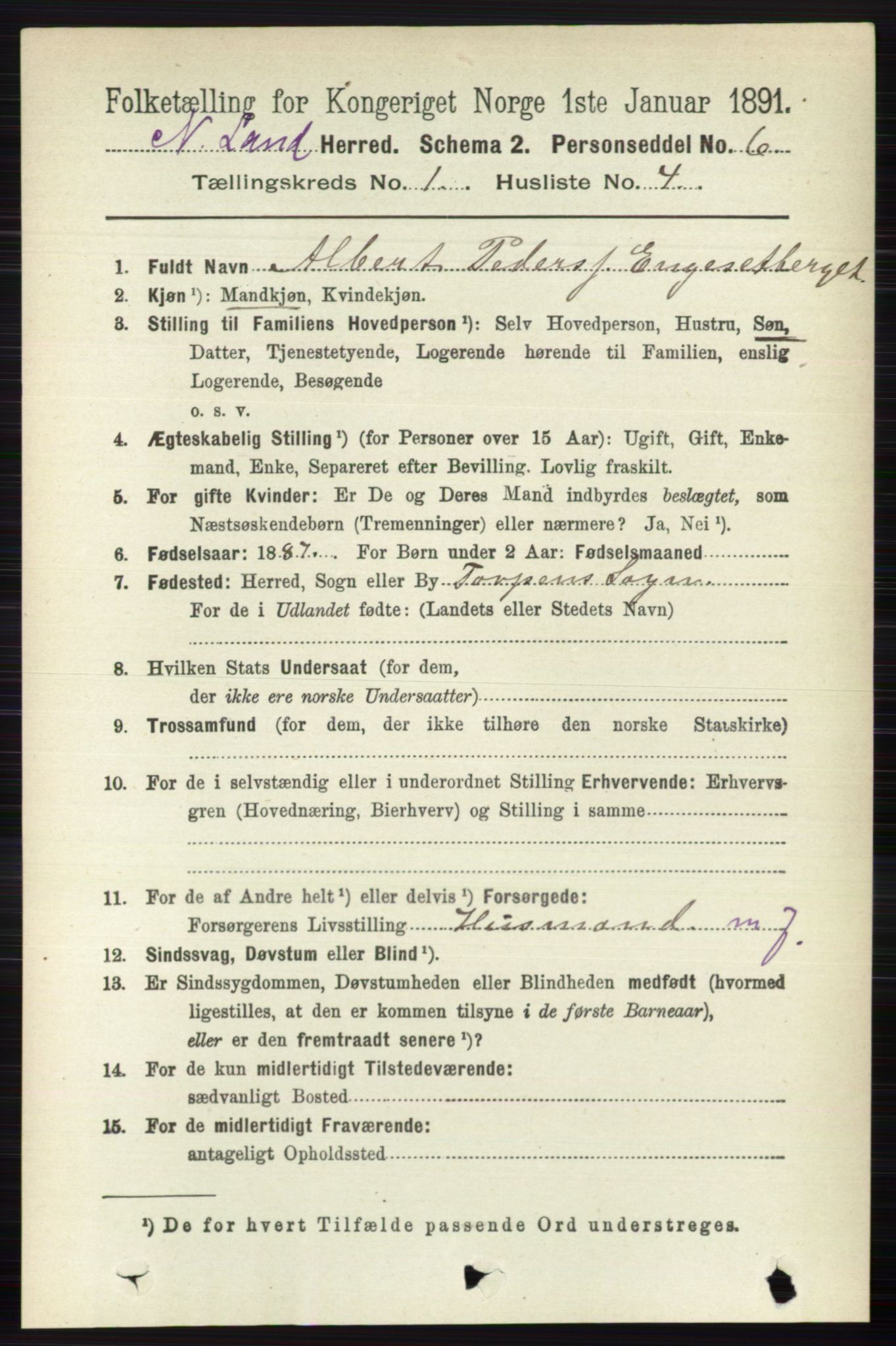 RA, 1891 census for 0538 Nordre Land, 1891, p. 143