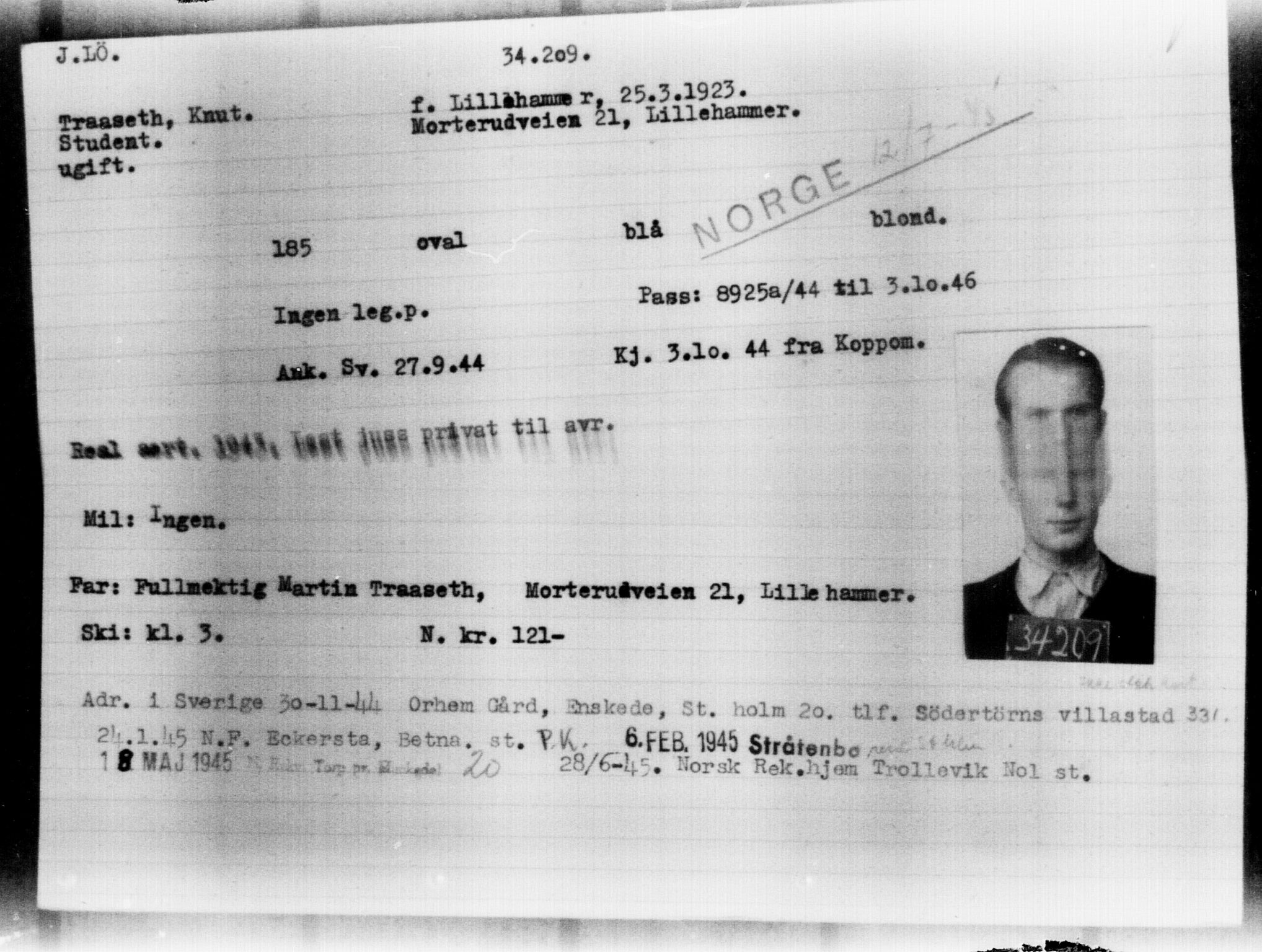 Utenriksstasjonene, Legasjonen i Stockholm, Flyktningkontoret, AV/RA-S-6753/V/Va/L0013: Kjesäterkartoteket, flyktninger med registreringsnr. 31500-34731, 1940-1945, p. 2860