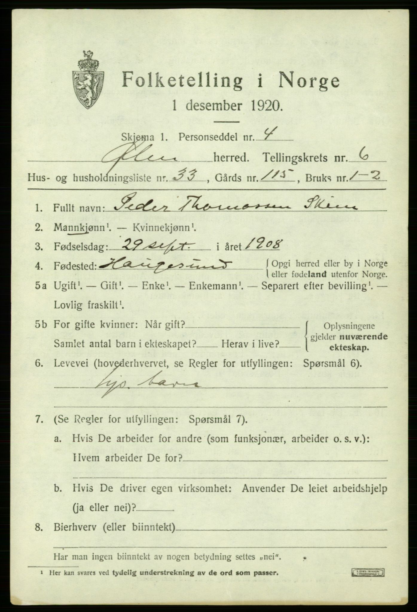 SAB, 1920 census for Ølen, 1920, p. 3151