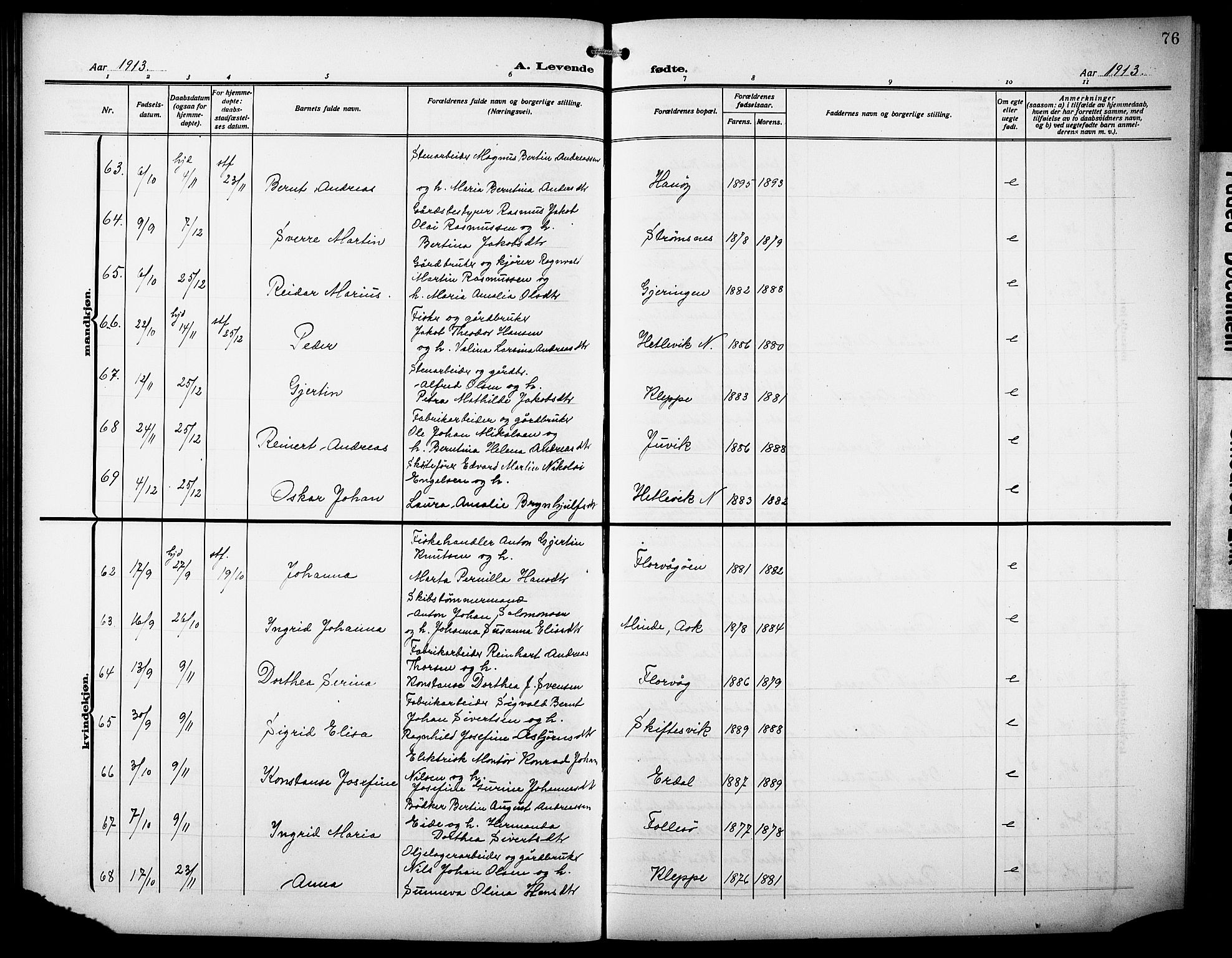 Askøy Sokneprestembete, AV/SAB-A-74101/H/Ha/Hab/Haba/L0011: Parish register (copy) no. A 11, 1908-1931, p. 76