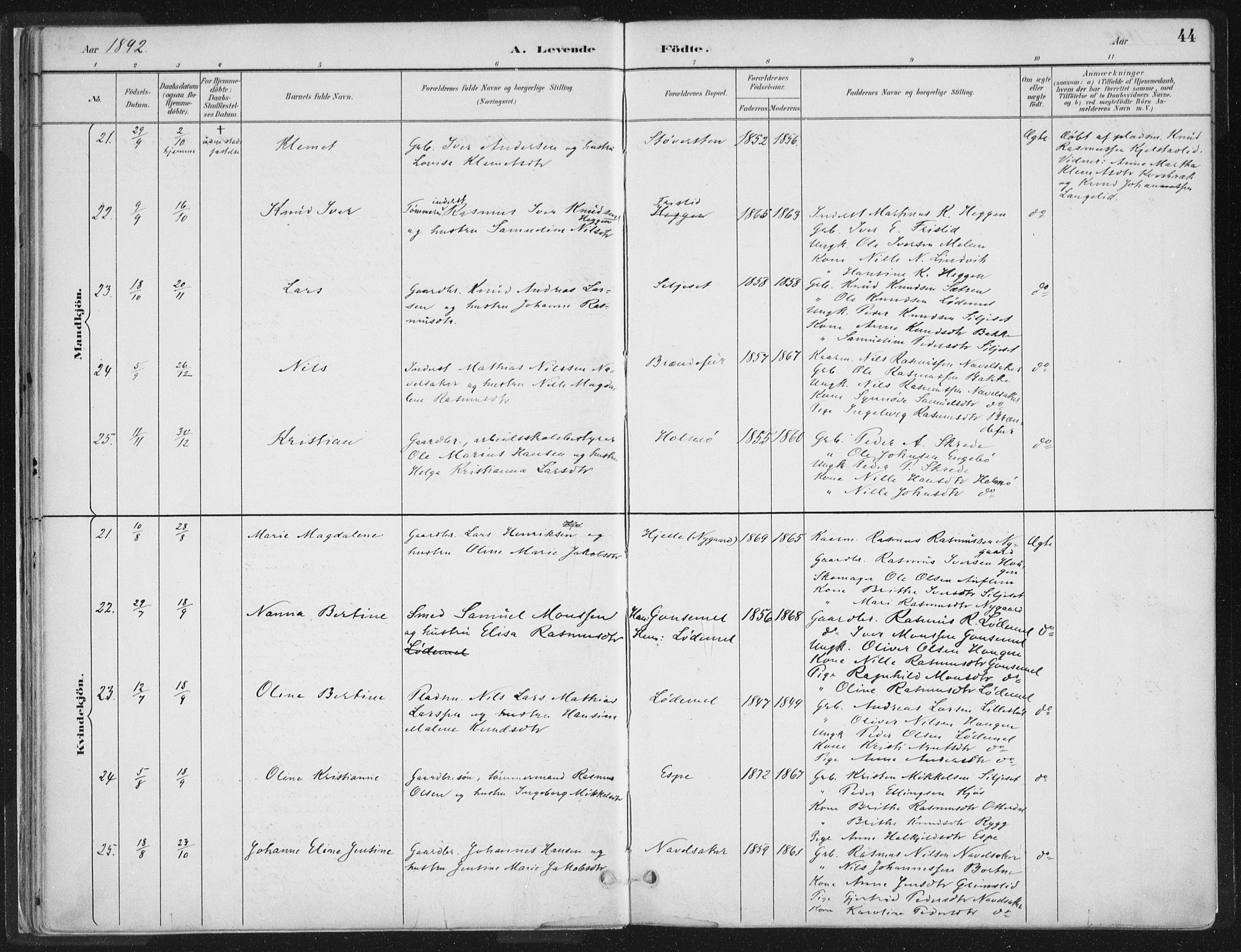 Hornindal sokneprestembete, AV/SAB-A-82401/H/Haa/Haaa/L0003/0001: Parish register (official) no. A 3A, 1887-1917, p. 44