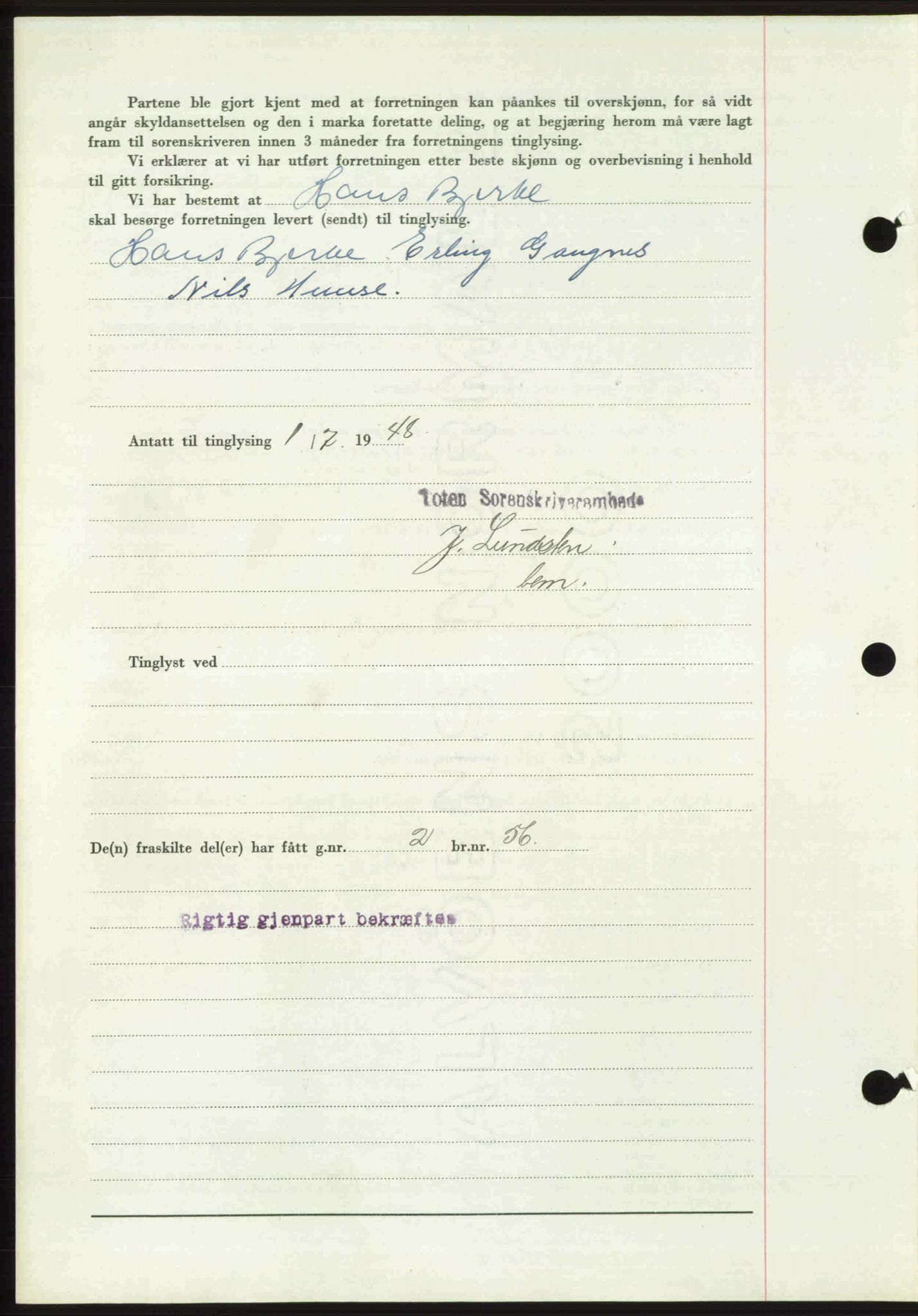Toten tingrett, SAH/TING-006/H/Hb/Hbc/L0020: Mortgage book no. Hbc-20, 1948-1948, Diary no: : 2054/1948