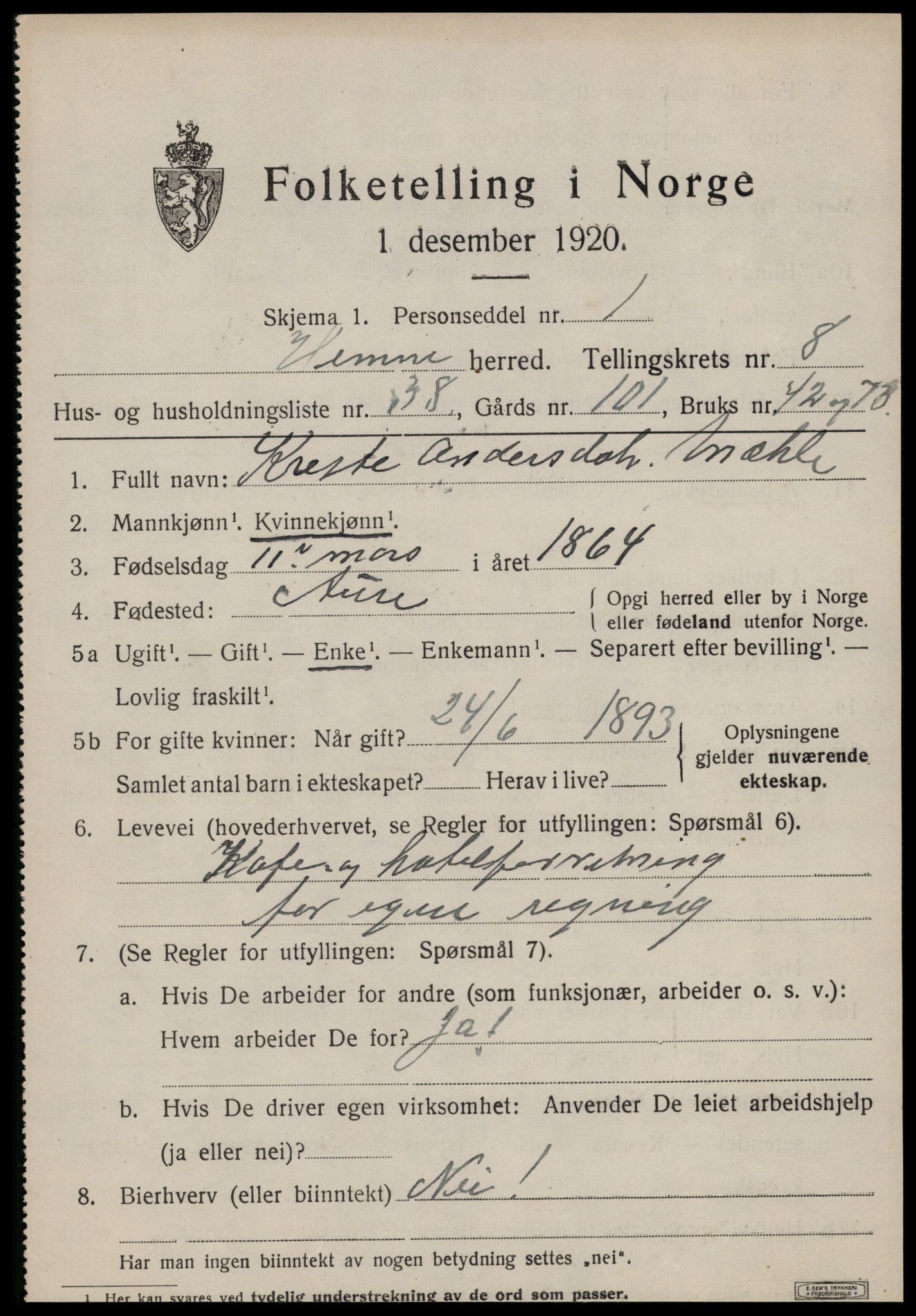 SAT, 1920 census for Hemne, 1920, p. 5186