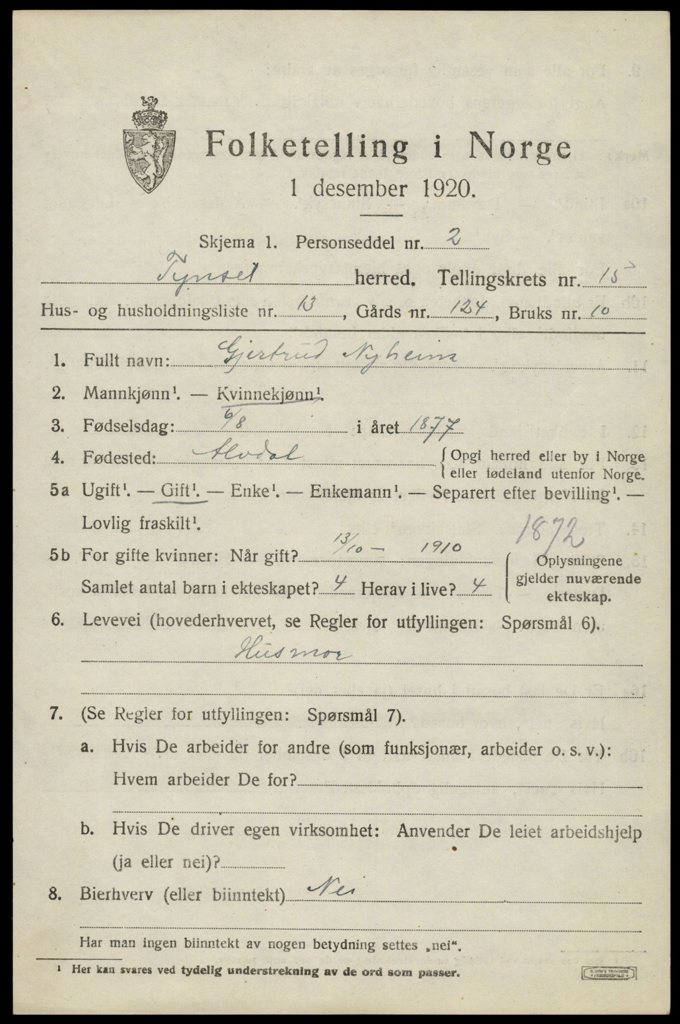SAH, 1920 census for Tynset, 1920, p. 9368