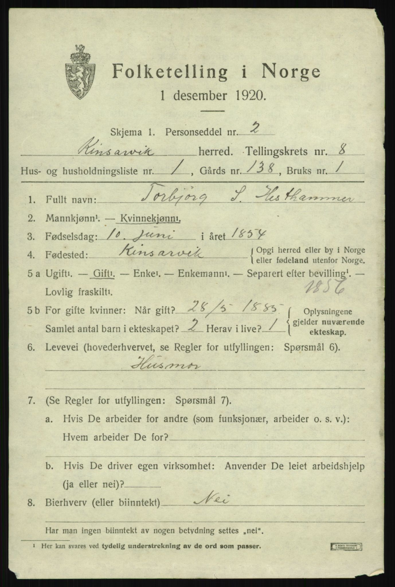 SAB, 1920 census for Kinsarvik, 1920, p. 3594