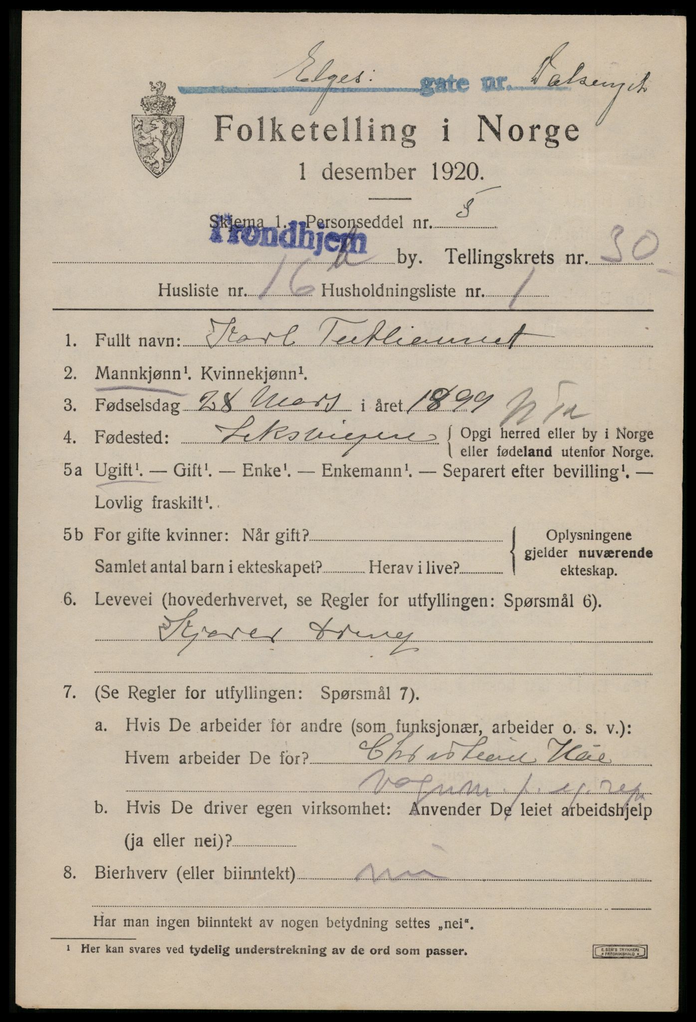 SAT, 1920 census for Trondheim, 1920, p. 72820