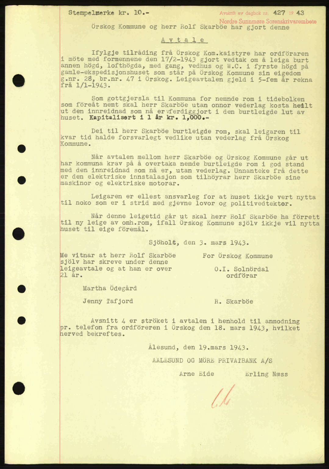 Nordre Sunnmøre sorenskriveri, SAT/A-0006/1/2/2C/2Ca: Mortgage book no. B6-14 a, 1942-1945, Diary no: : 427/1943