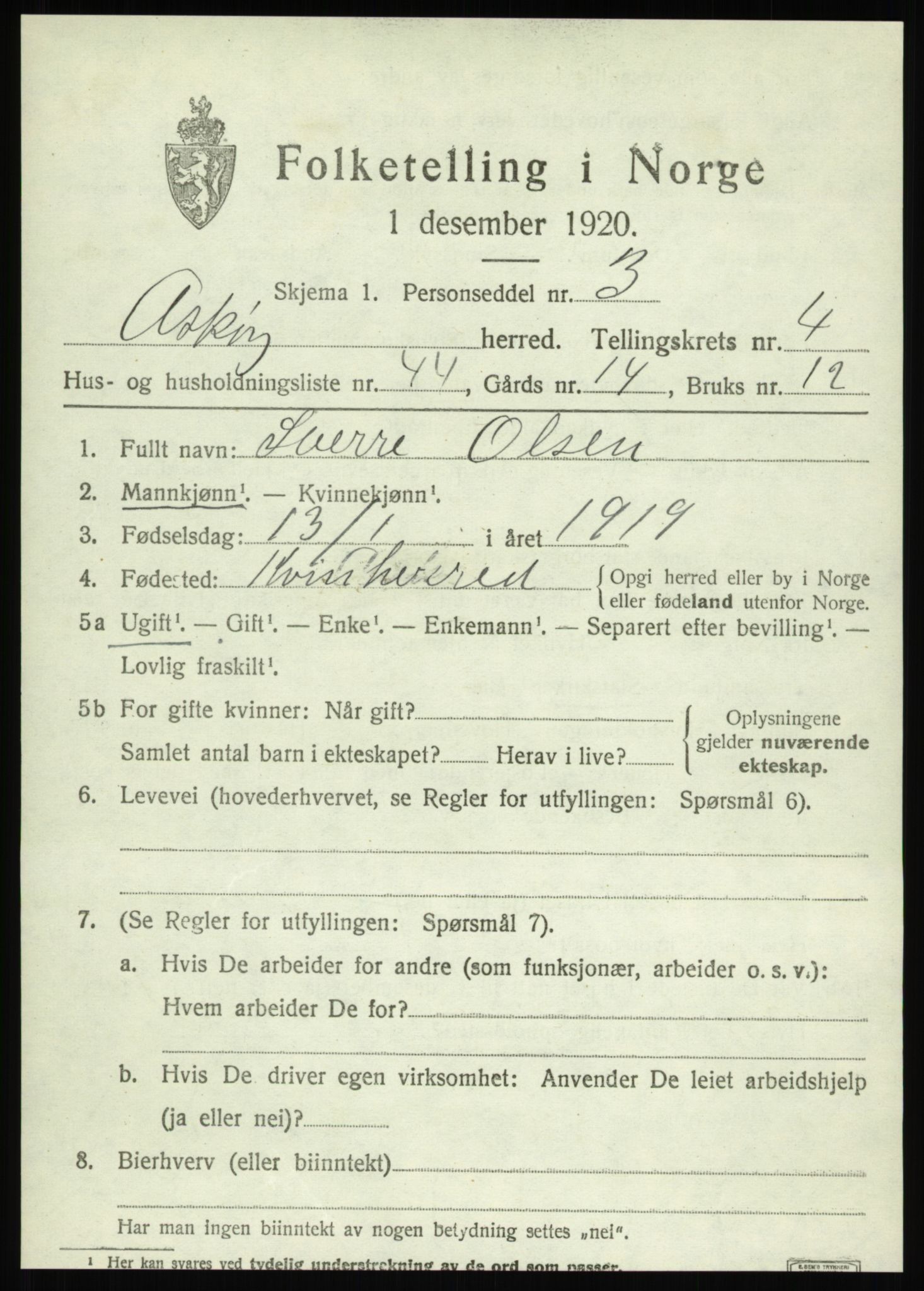 SAB, 1920 census for Askøy, 1920, p. 8166