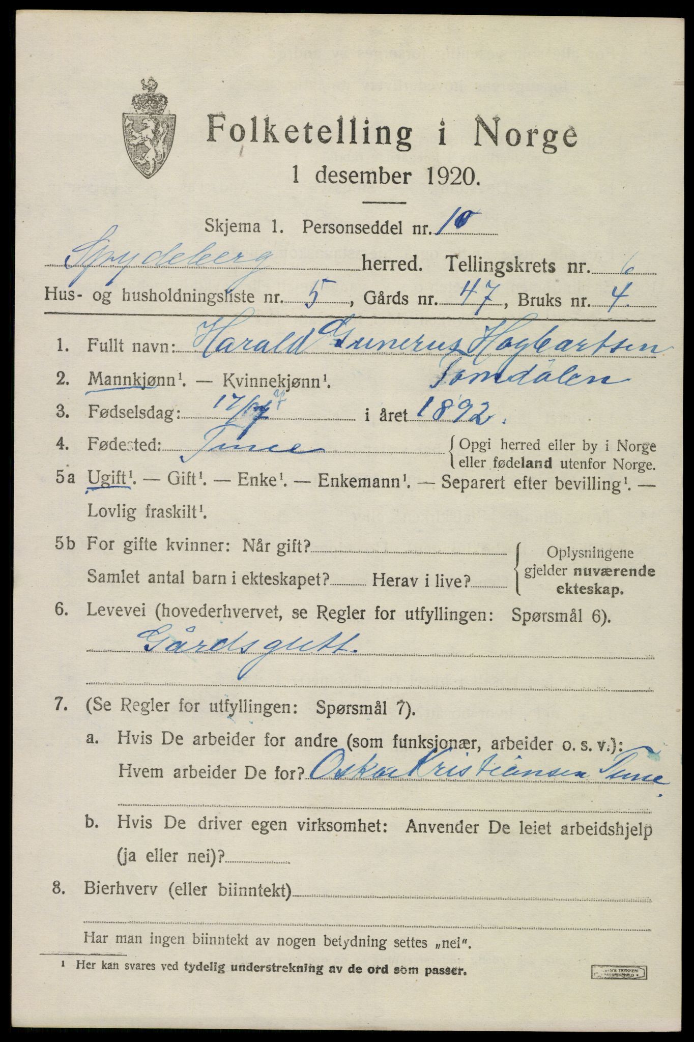 SAO, 1920 census for Spydeberg, 1920, p. 7039