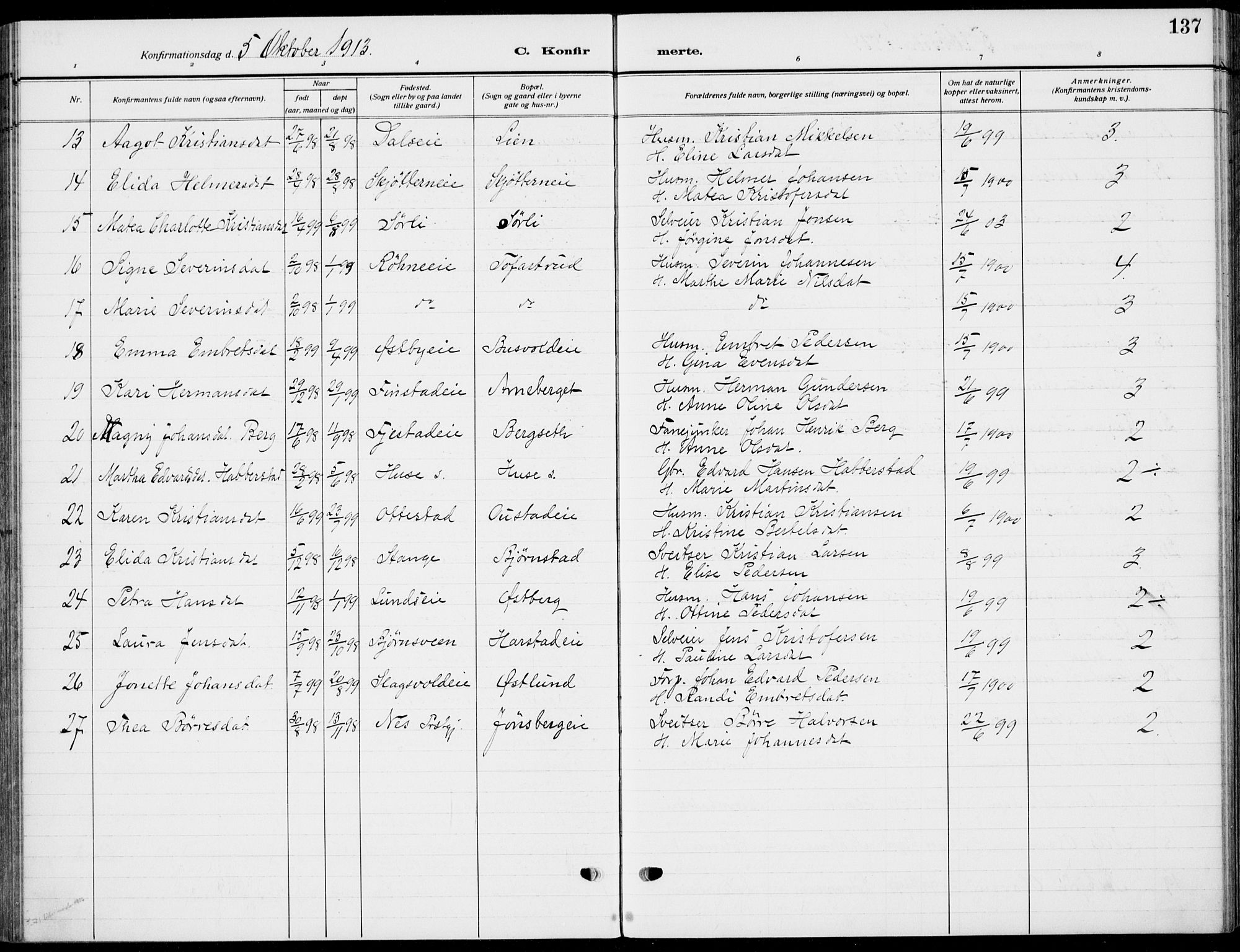 Romedal prestekontor, SAH/PREST-004/K/L0012: Parish register (official) no. 12, 1913-1935, p. 137