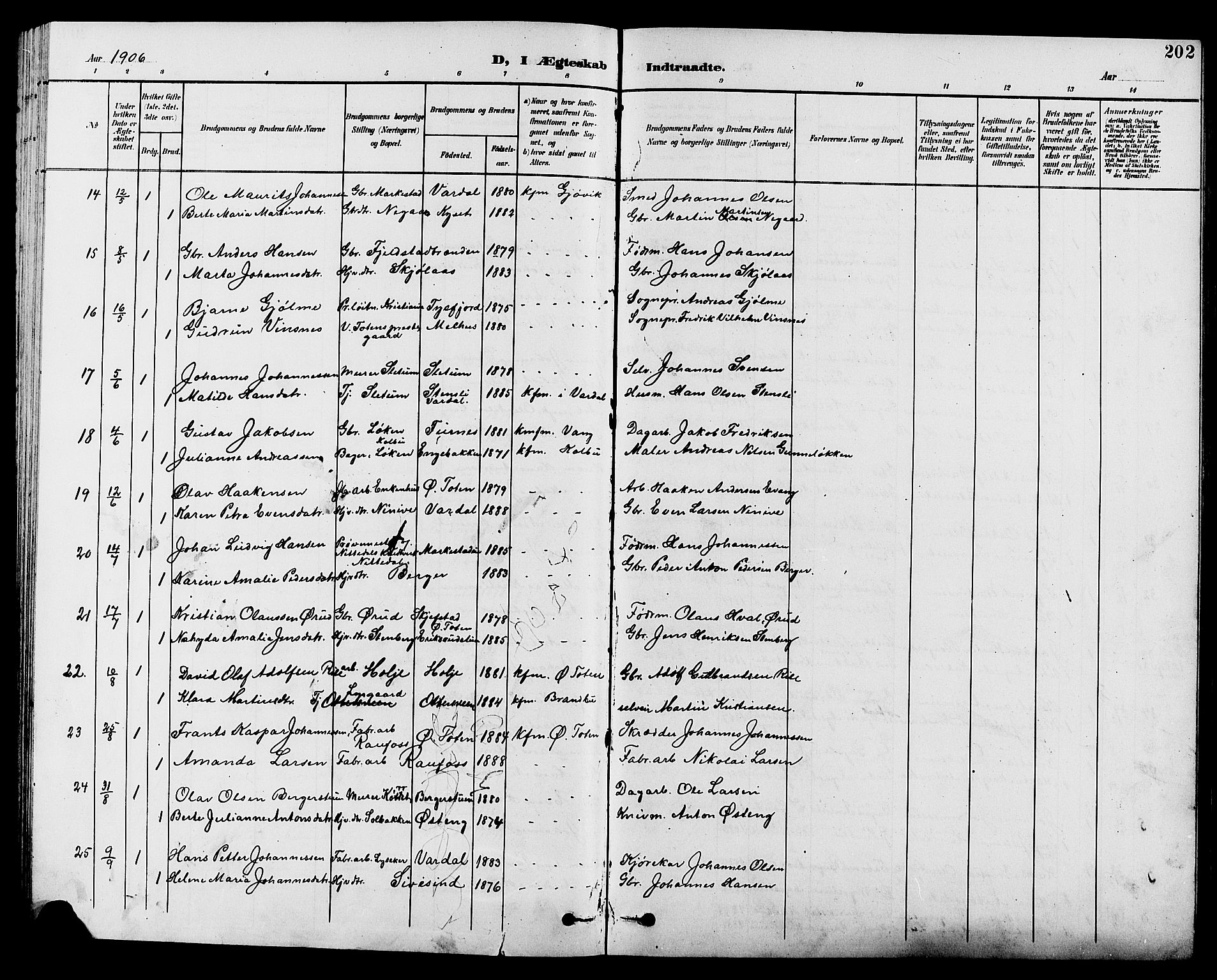 Vestre Toten prestekontor, SAH/PREST-108/H/Ha/Hab/L0010: Parish register (copy) no. 10, 1900-1912, p. 202